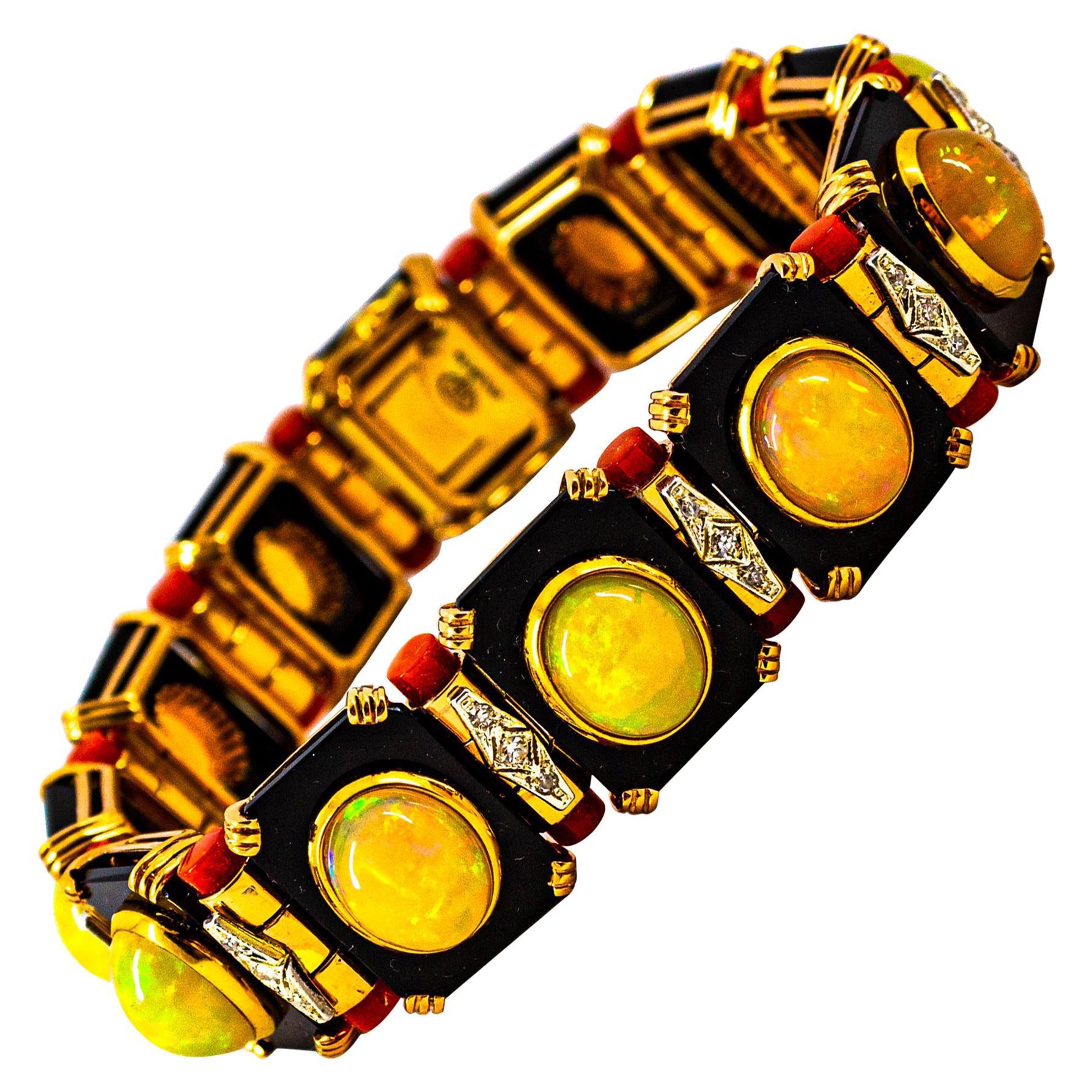 Gelbgoldarmband im Art-déco-Stil mit weißen Diamanten im Ovalschliff, Opal, roter Koralle, Onyx und Onyx
