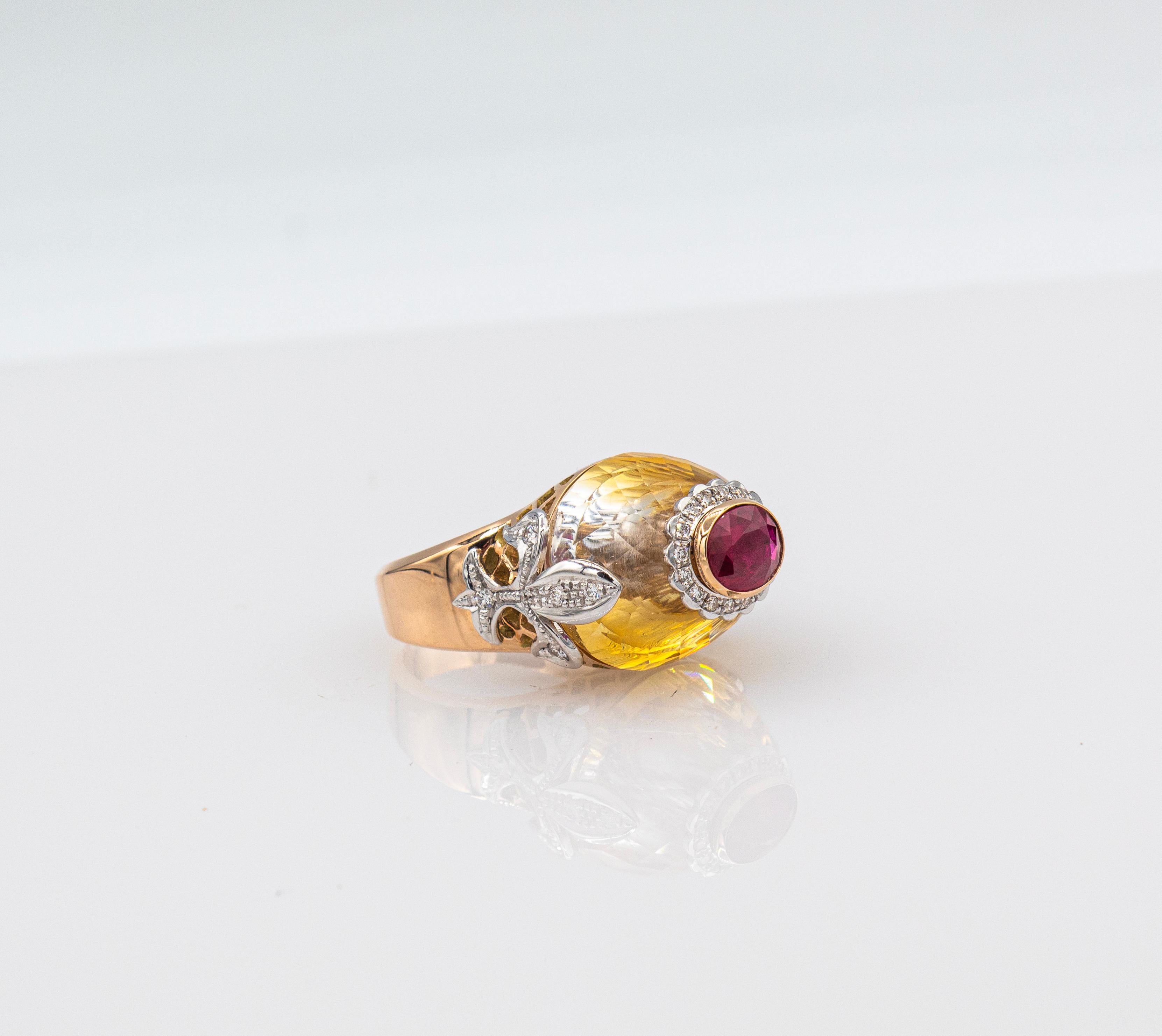 Art Deco Style White Diamond Oval Cut Ruby Citrine Rosé Gold Cocktail Ring For Sale 6