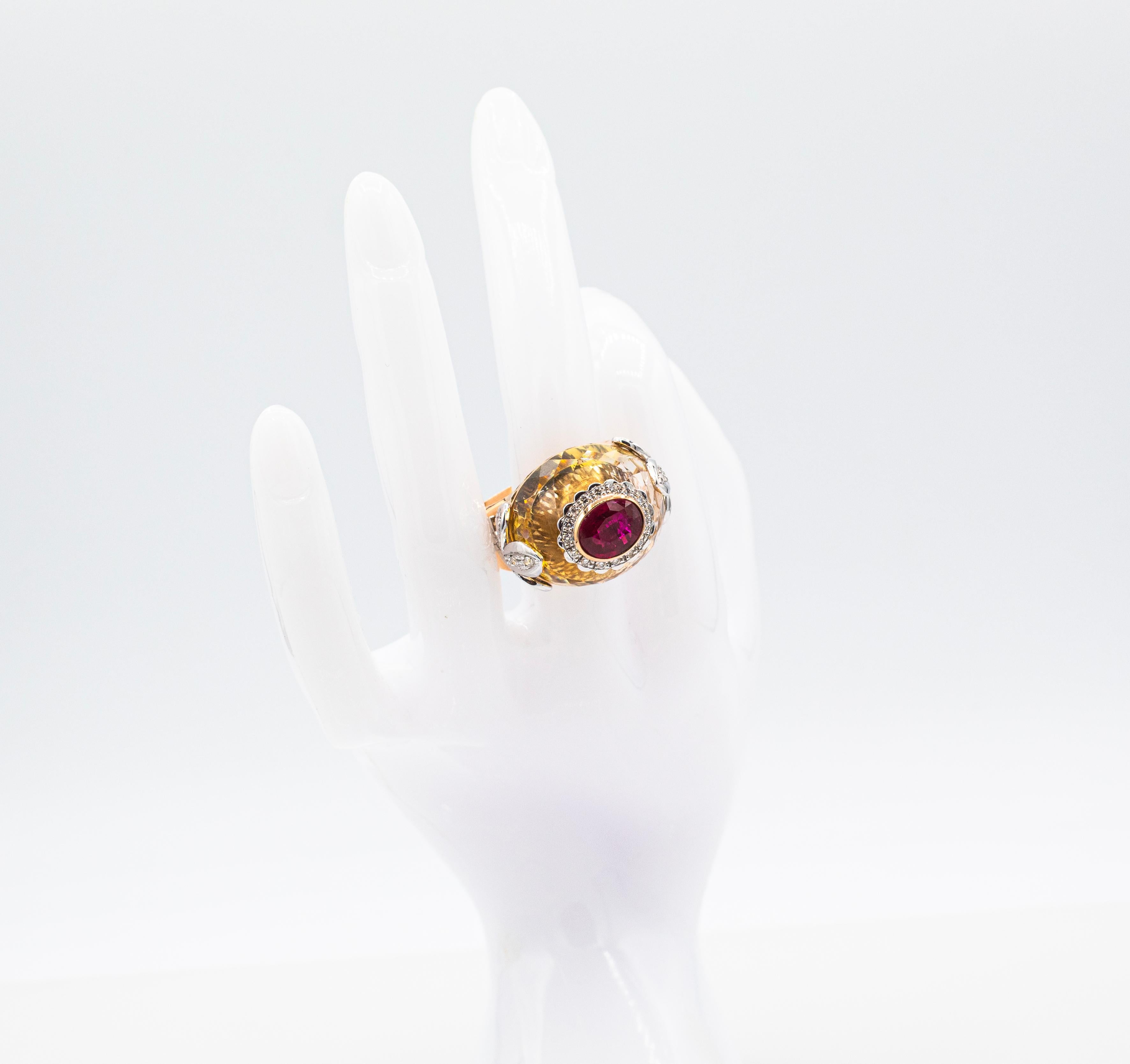 Art Deco Style White Diamond Oval Cut Ruby Citrine Rosé Gold Cocktail Ring For Sale 7