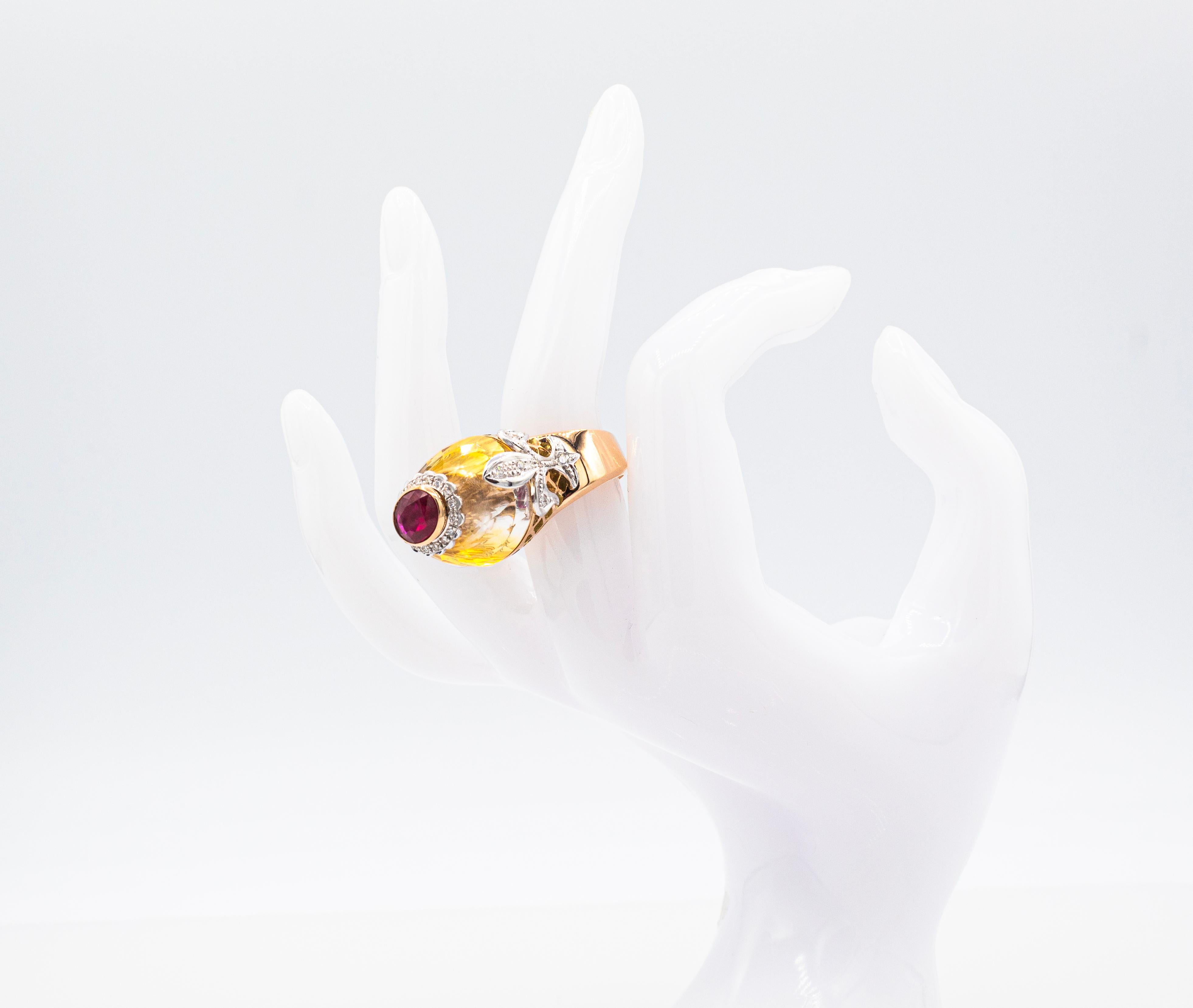Anillo de Cóctel de Oro Rosado Estilo Art Déco Diamante Blanco de Corte Ovalado Rubí Citrino en venta 7