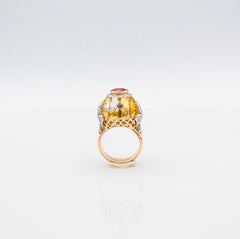 Art Deco Style White Diamond Oval Cut Ruby Citrine Rosé Gold Cocktail Ring