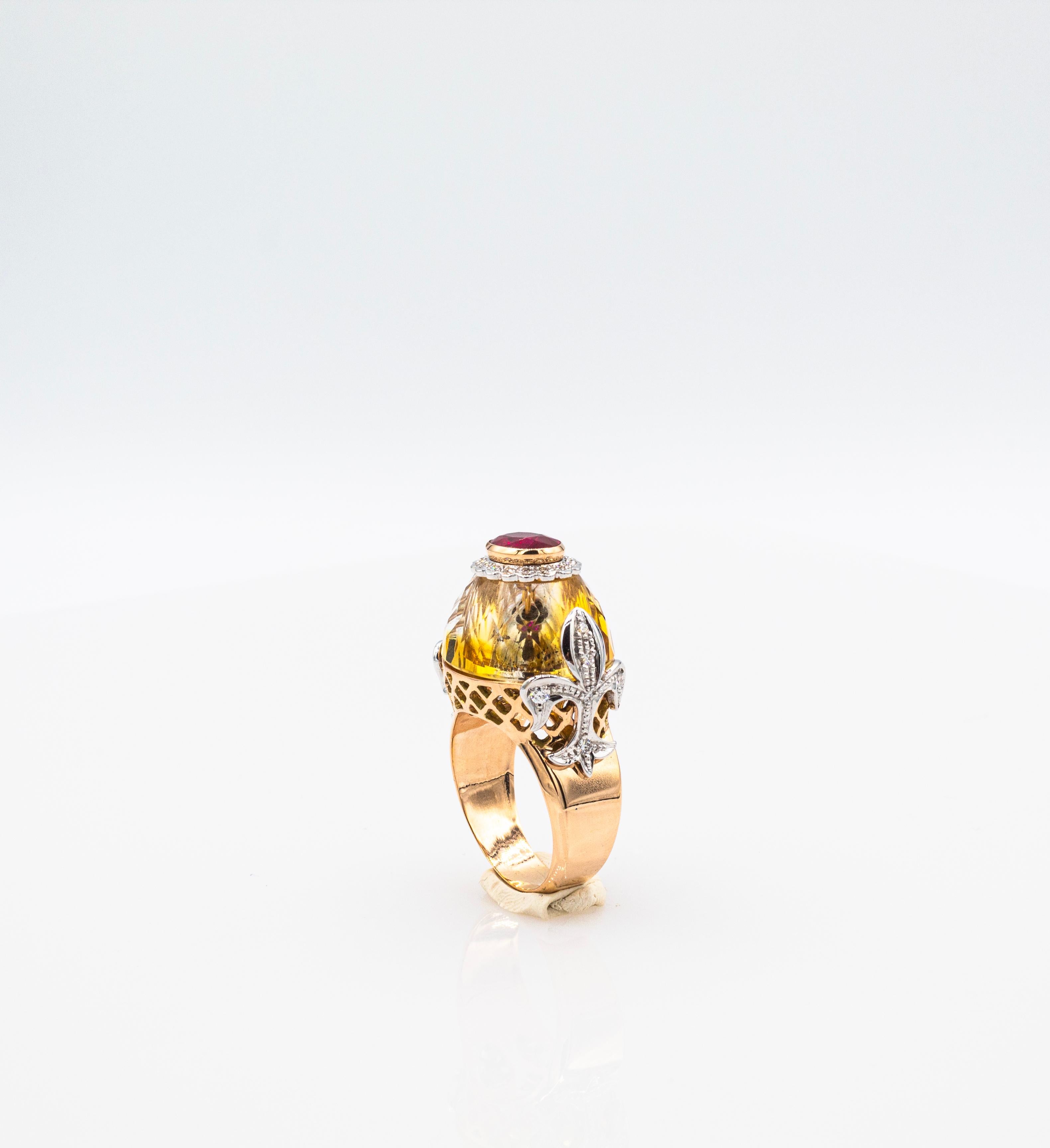 Anillo de Cóctel de Oro Rosado Estilo Art Déco Diamante Blanco de Corte Ovalado Rubí Citrino Art Decó en venta