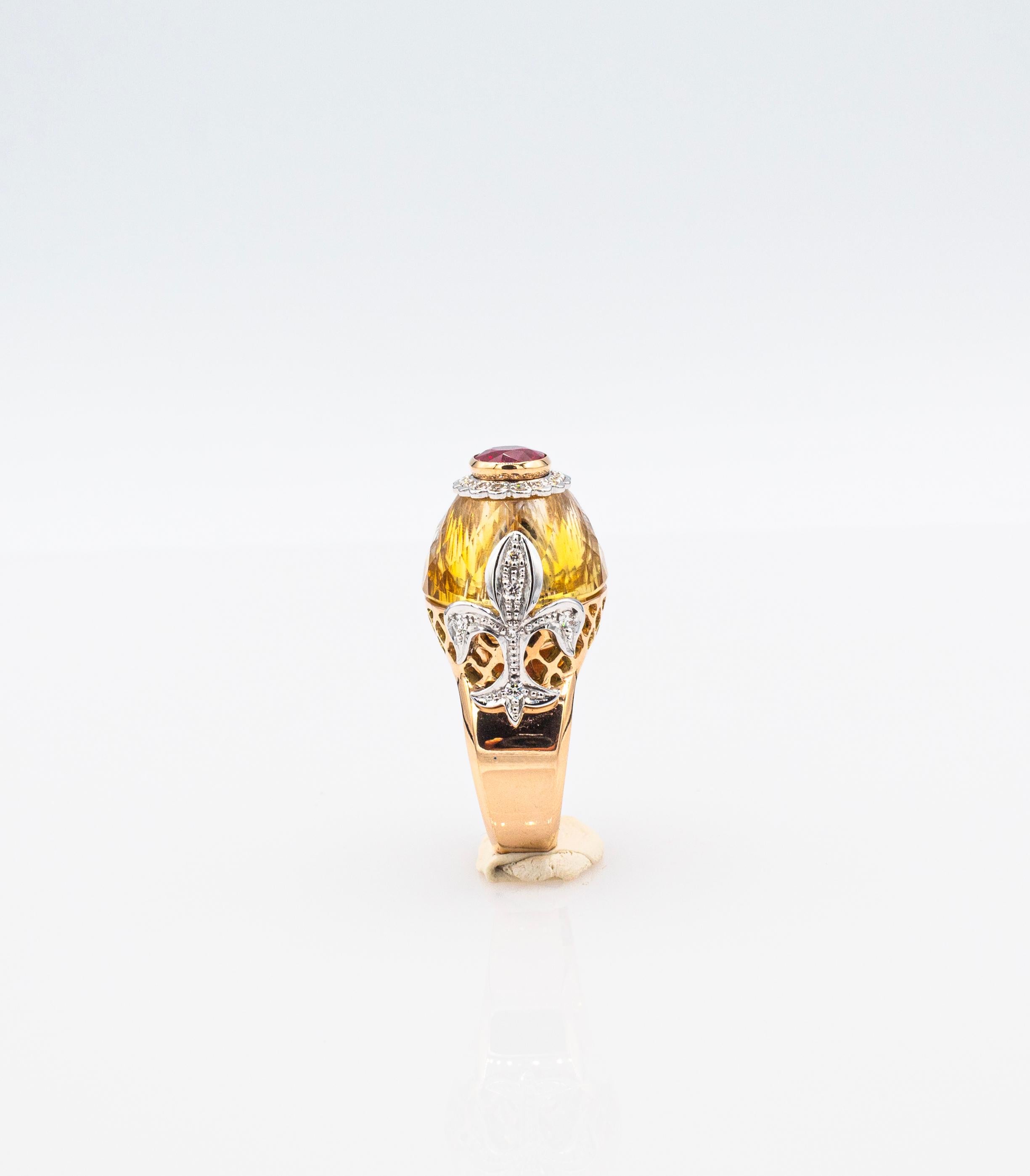 Art Deco Style White Diamond Oval Cut Ruby Citrine Rosé Gold Cocktail Ring In New Condition For Sale In Naples, IT