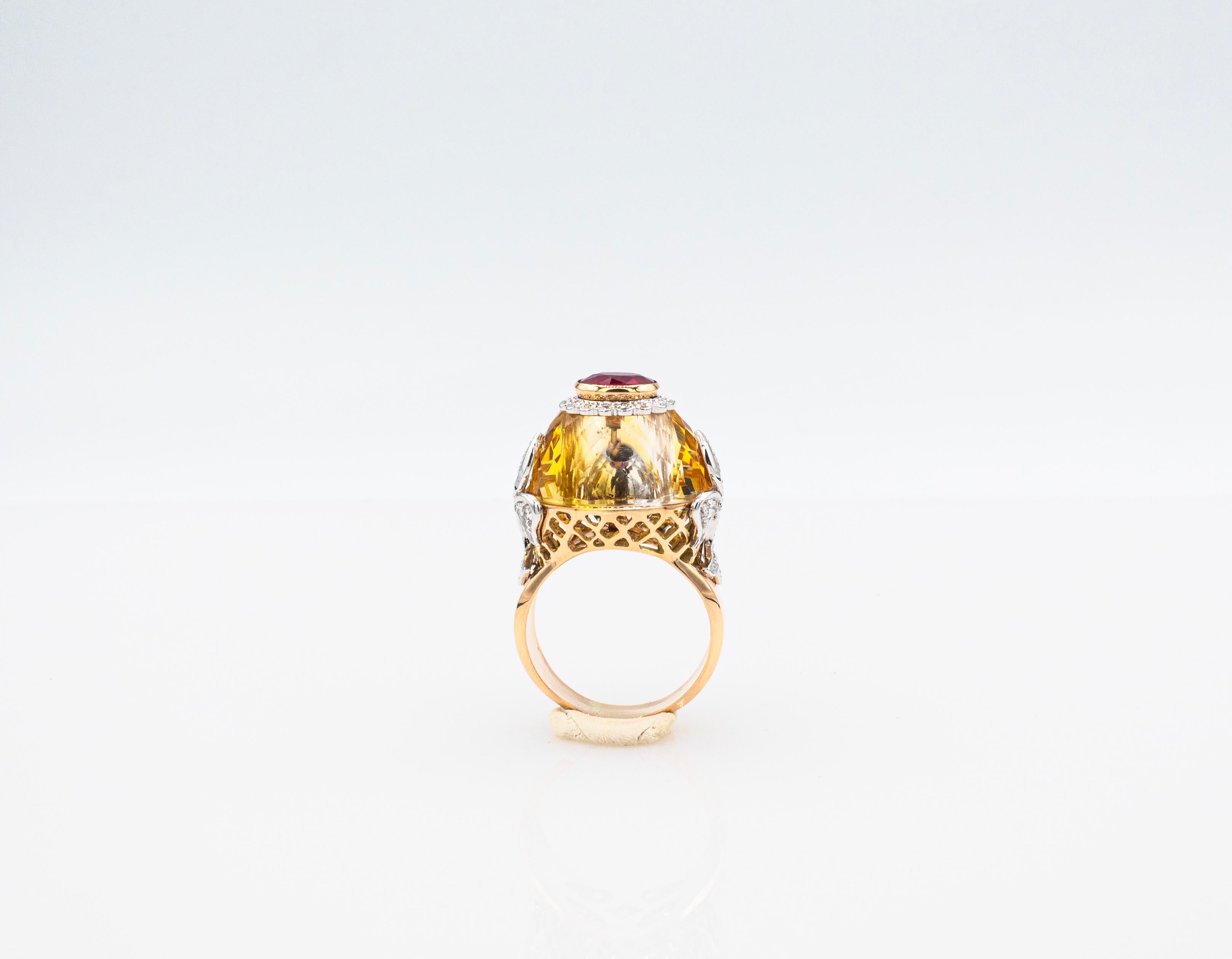 Women's or Men's Art Deco Style White Diamond Oval Cut Ruby Citrine Rosé Gold Cocktail Ring For Sale