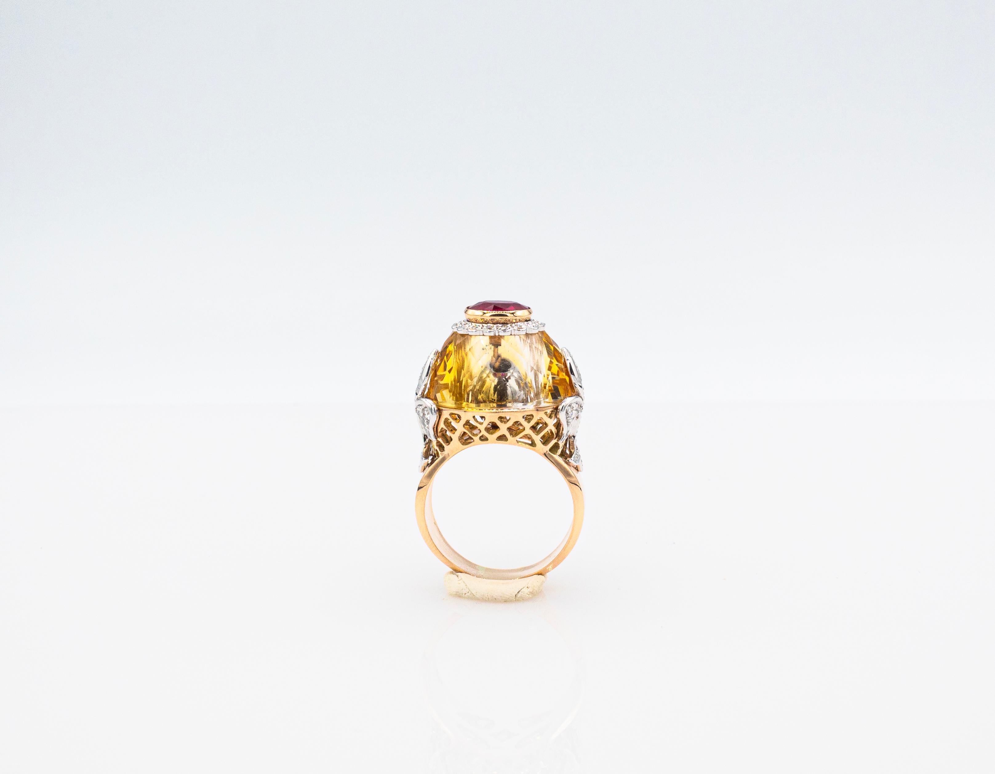 Anillo de Cóctel de Oro Rosado Estilo Art Déco Diamante Blanco de Corte Ovalado Rubí Citrino en Nuevo estado para la venta en Naples, IT