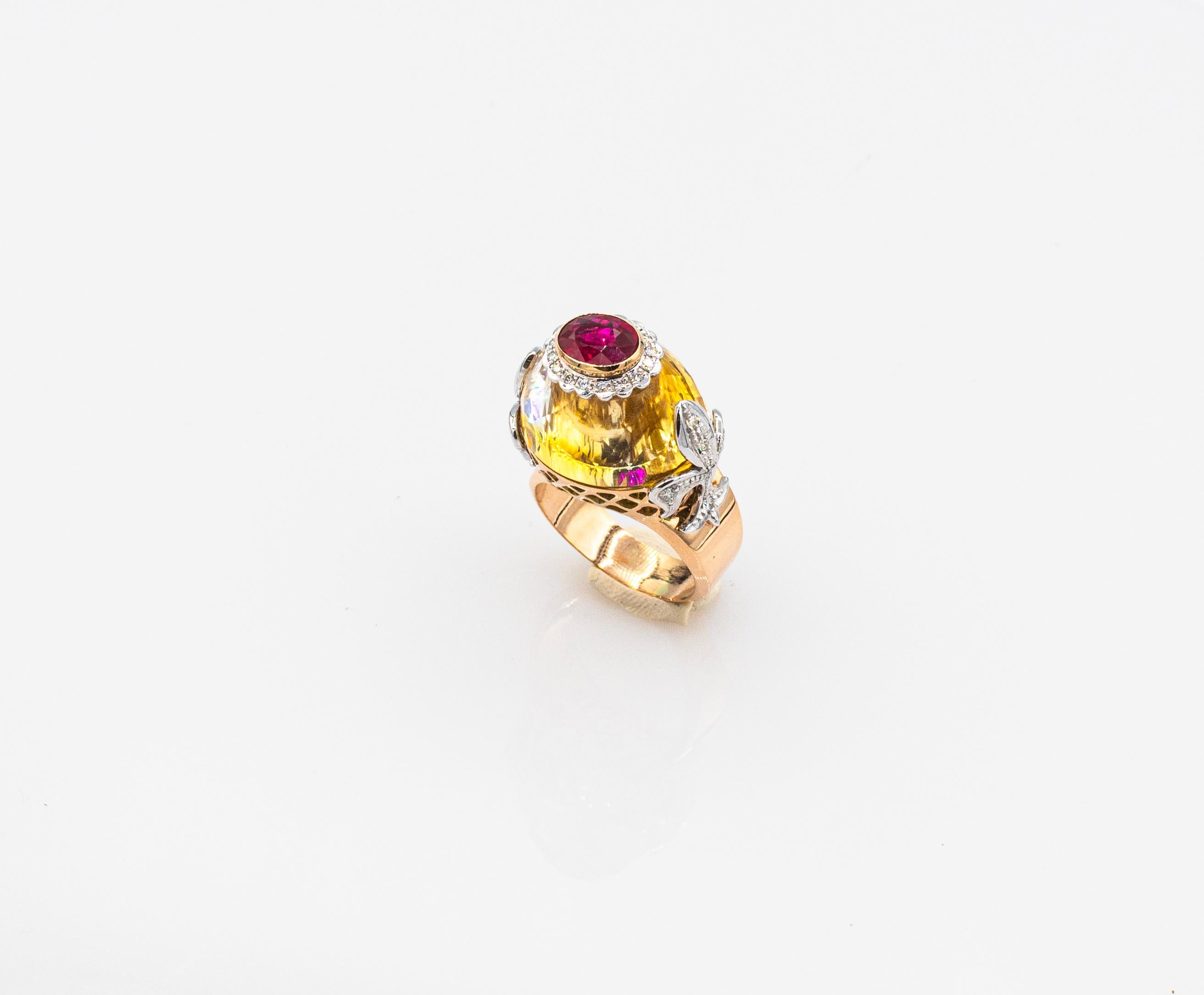 Art Deco Style White Diamond Oval Cut Ruby Citrine Rosé Gold Cocktail Ring For Sale 1