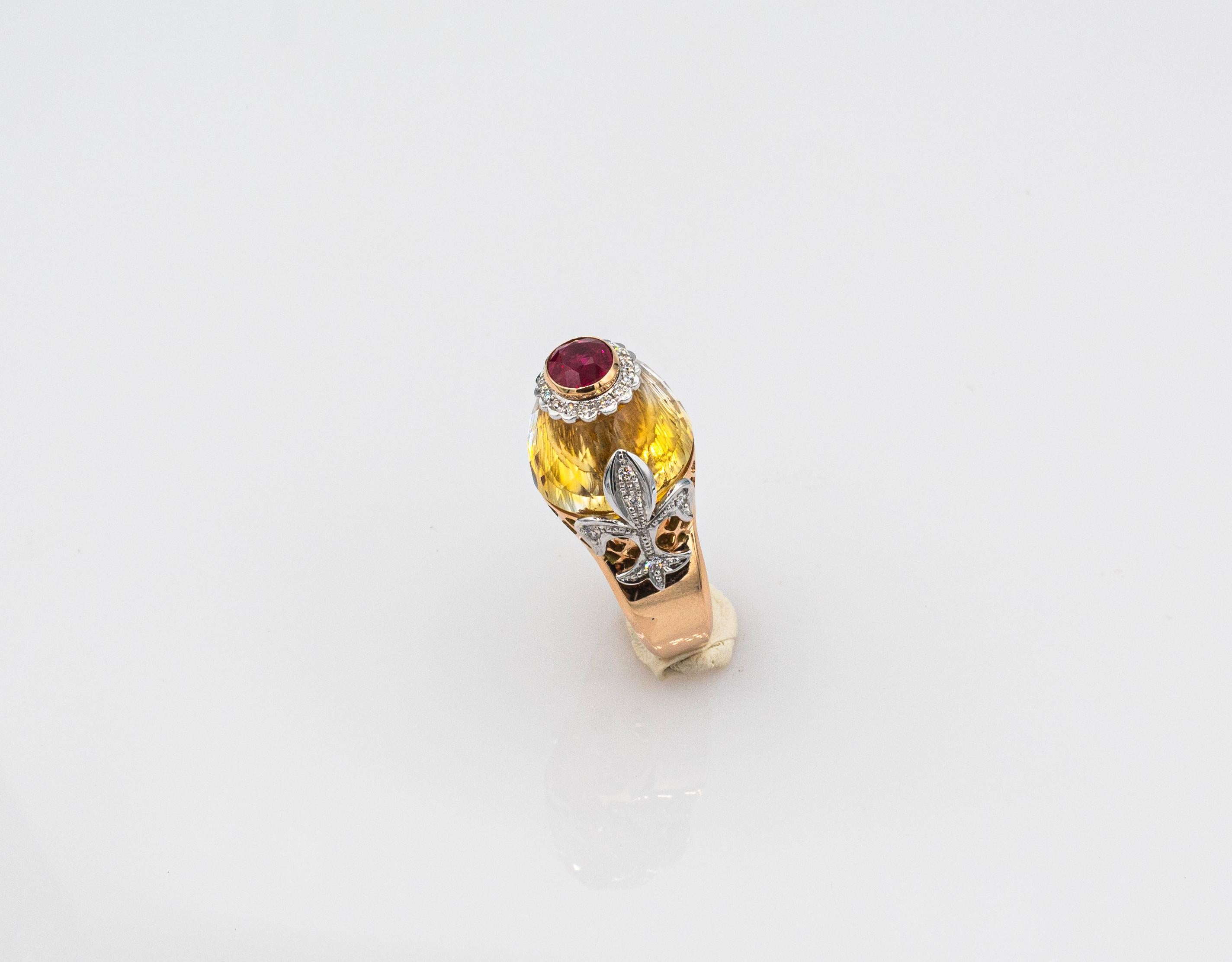 Art Deco Style White Diamond Oval Cut Ruby Citrine Rosé Gold Cocktail Ring For Sale 2