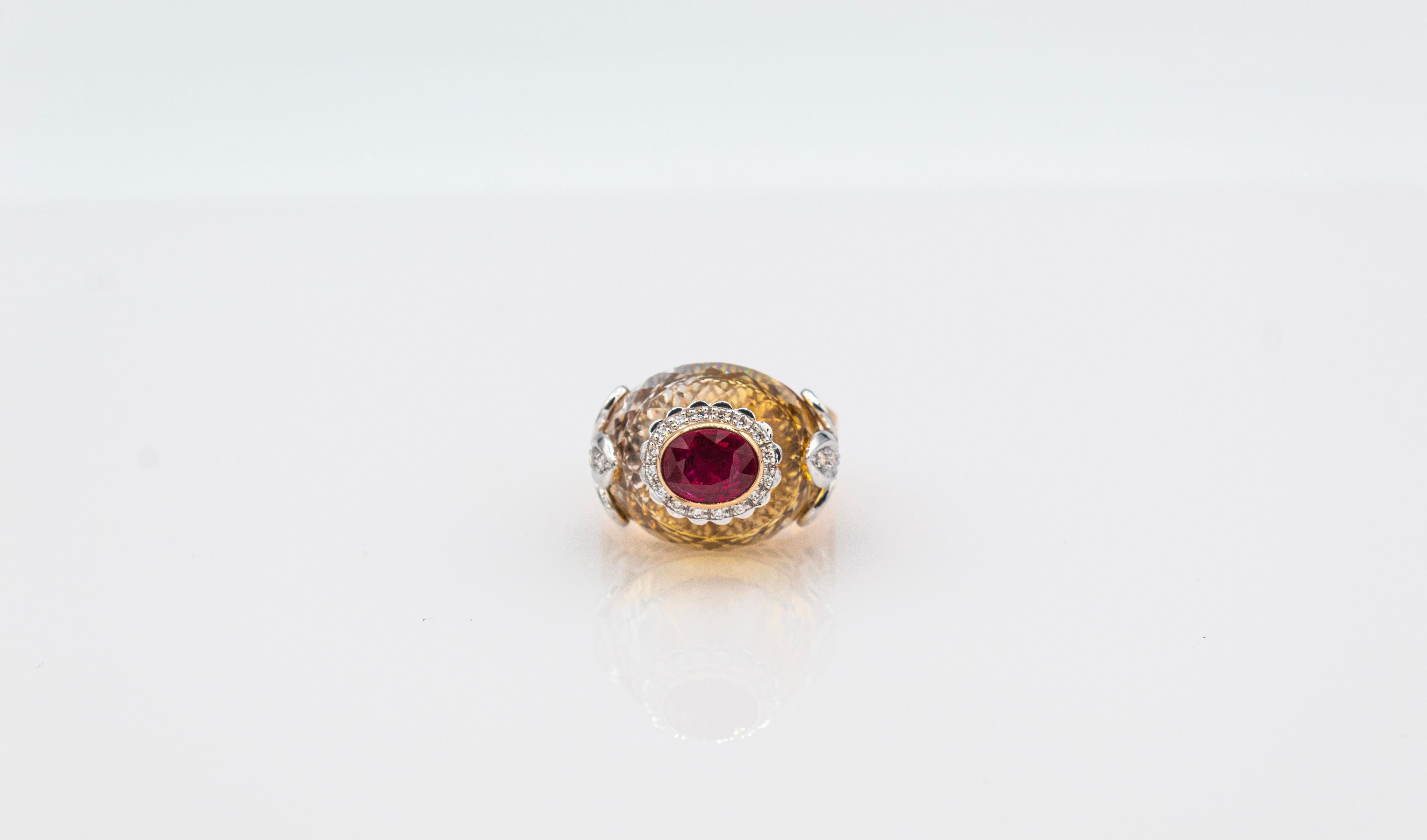 Art Deco Style White Diamond Oval Cut Ruby Citrine Rosé Gold Cocktail Ring For Sale 3