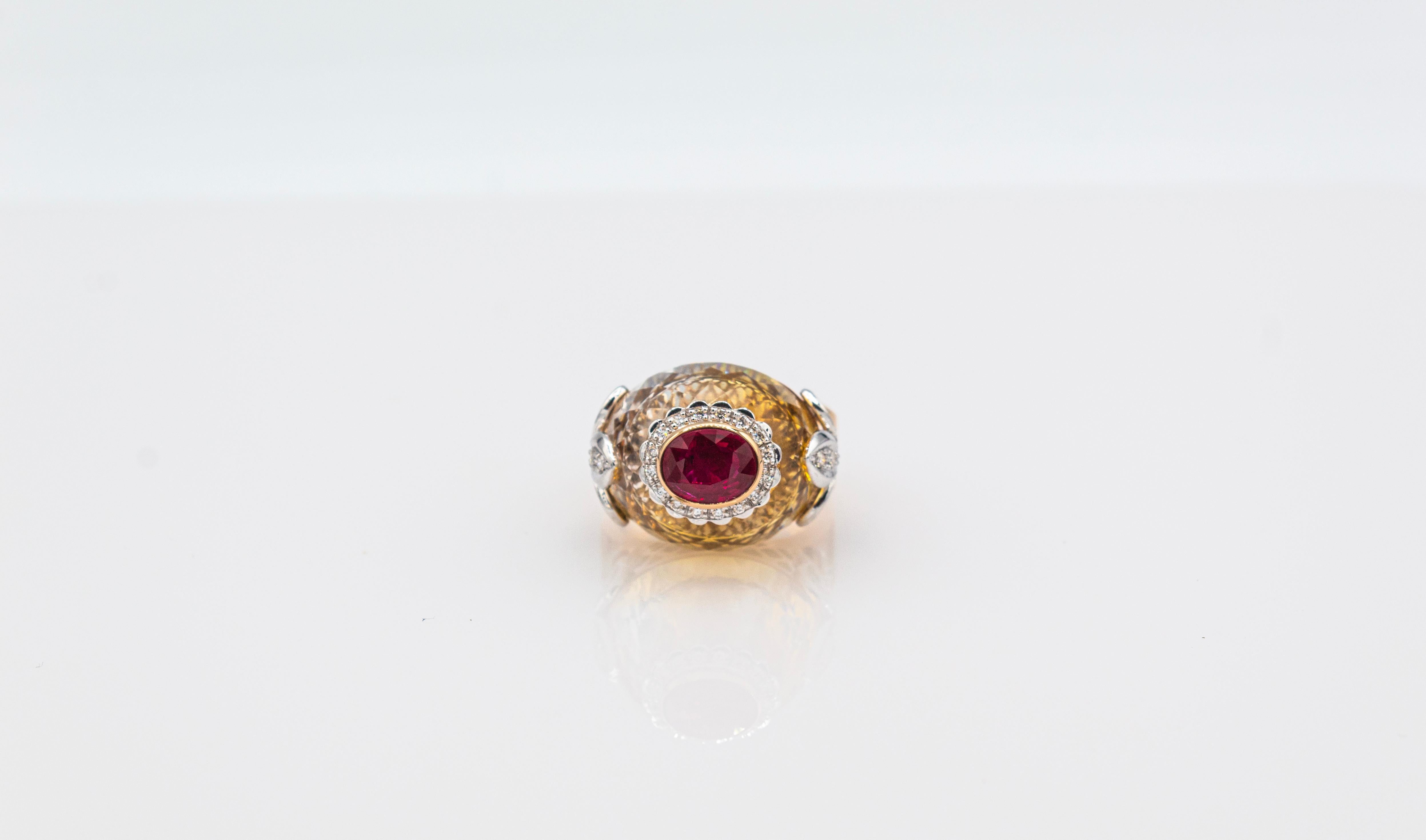 Anillo de Cóctel de Oro Rosado Estilo Art Déco Diamante Blanco de Corte Ovalado Rubí Citrino en venta 2