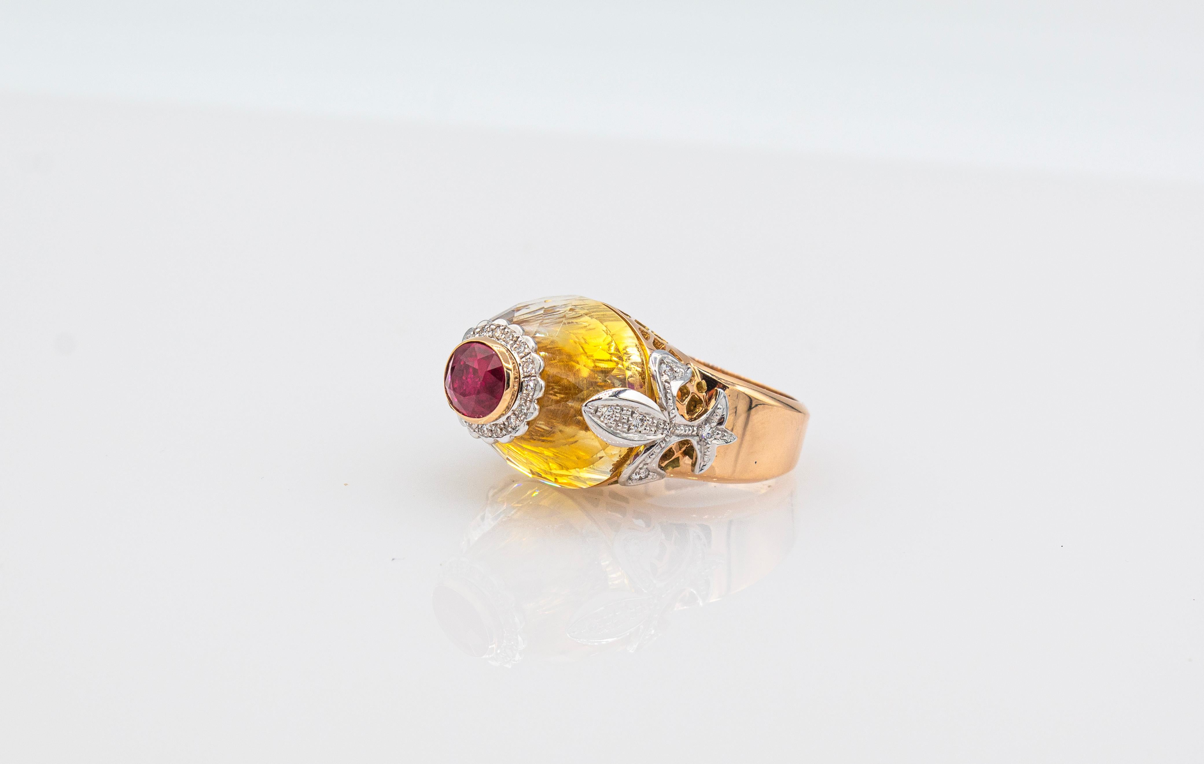 Art Deco Style White Diamond Oval Cut Ruby Citrine Rosé Gold Cocktail Ring For Sale 4