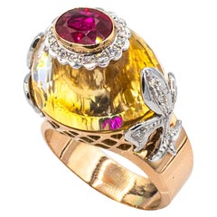 Art Deco Style White Diamond Oval Cut Ruby Citrine Rosé Gold Cocktail Ring