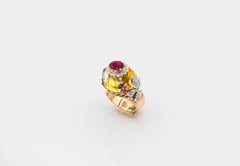 Art Deco Style White Diamond Oval Cut Ruby Citrine Rosé Gold Cocktail Ring