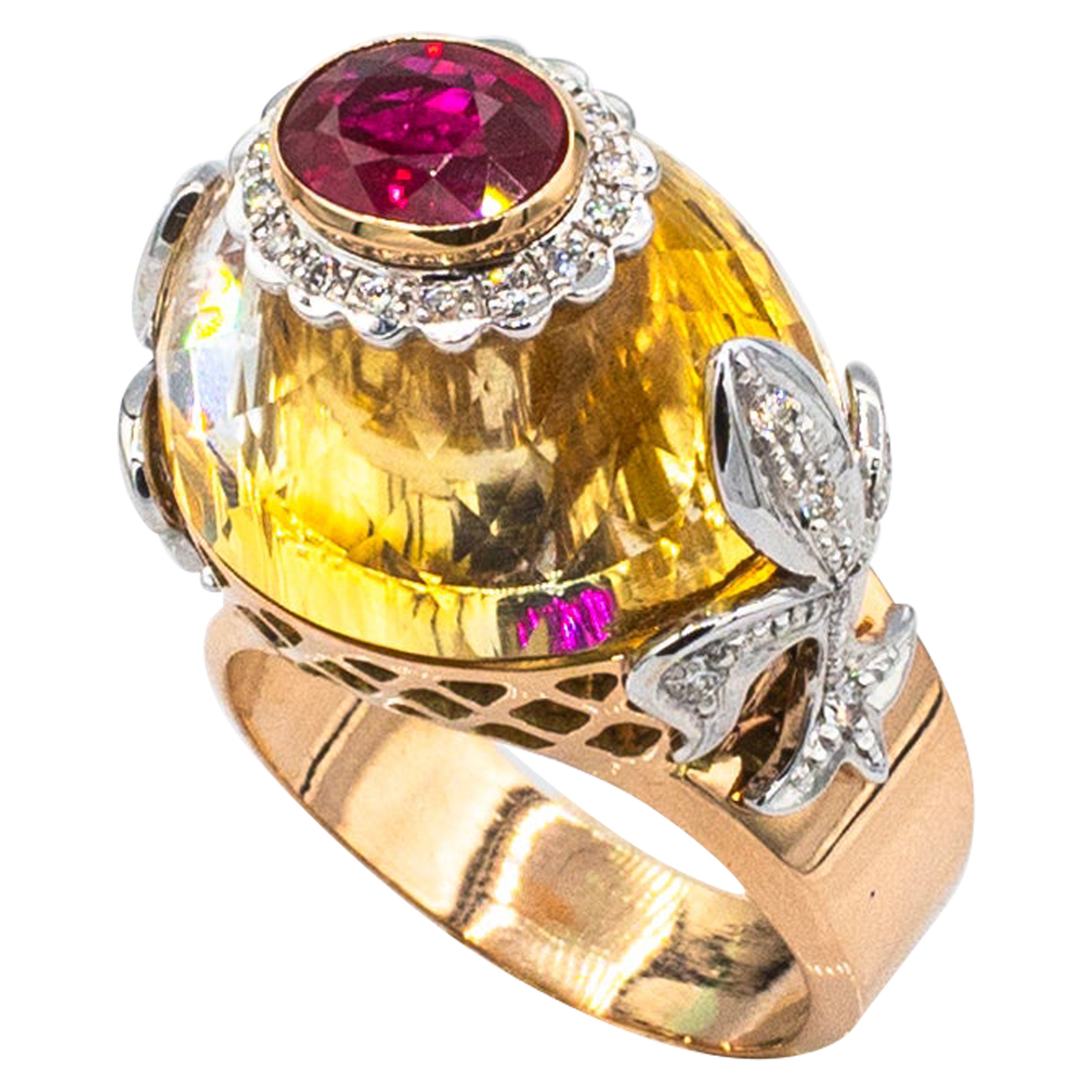 Art Deco Style White Diamond Oval Cut Ruby Citrine Rosé Gold Cocktail Ring