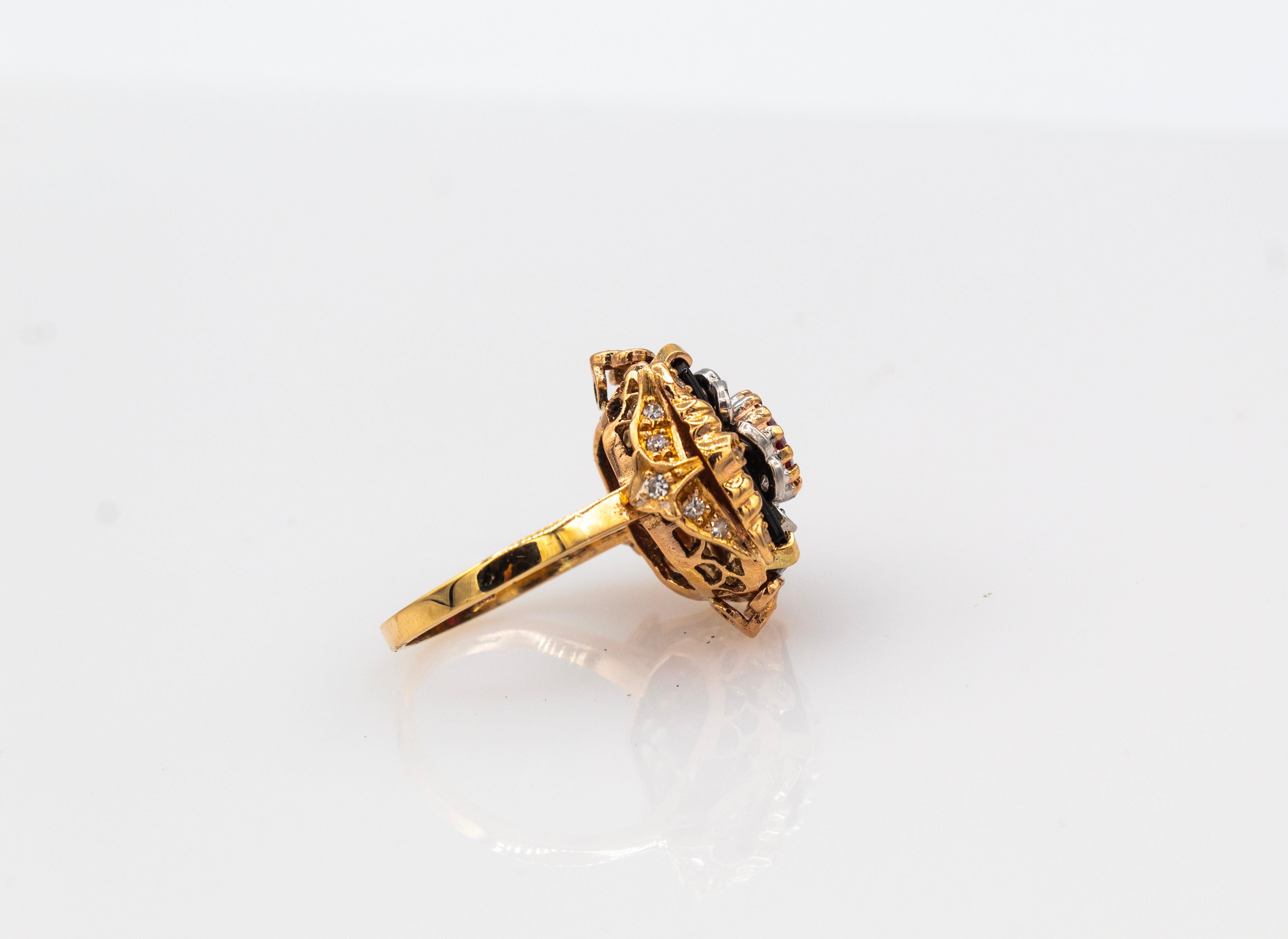 Art Deco Style White Diamond Oval Cut Ruby Onyx Yellow Gold Cocktail Ring 5
