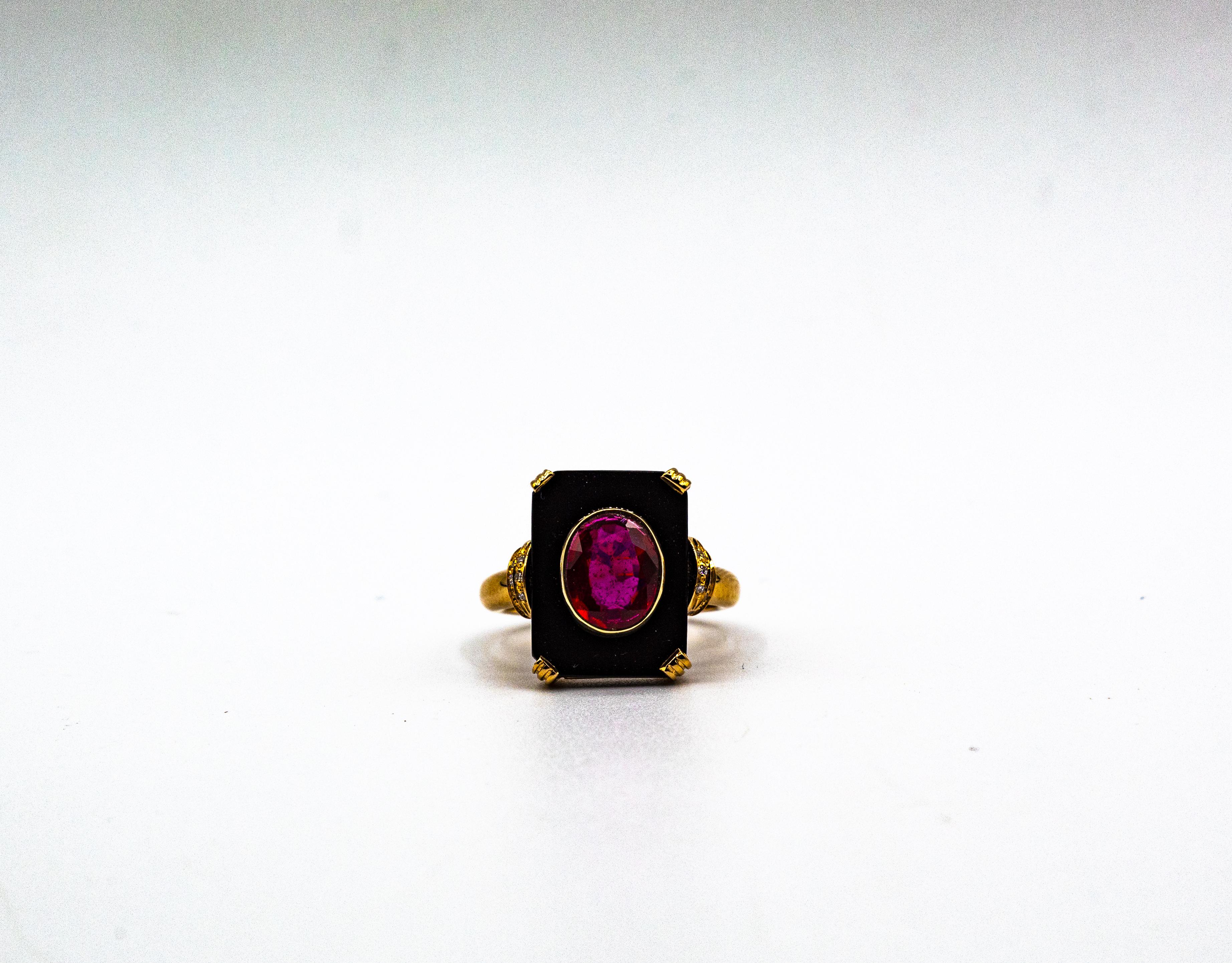 Art Deco Style White Diamond Oval Cut Ruby Onyx Yellow Gold Cocktail Ring For Sale 3