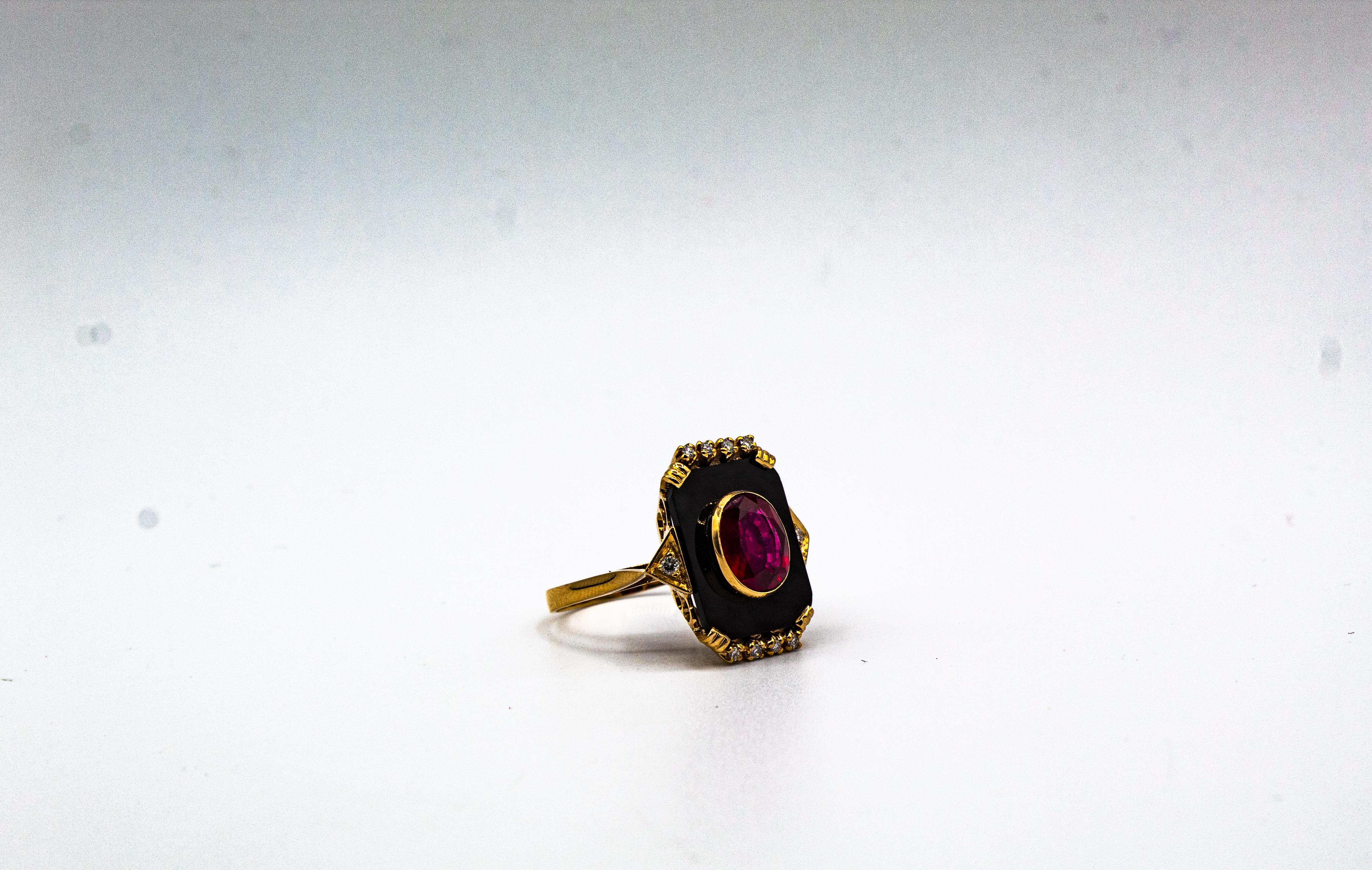 Art Deco Style White Diamond Oval Cut Ruby Onyx Yellow Gold Cocktail Ring 7