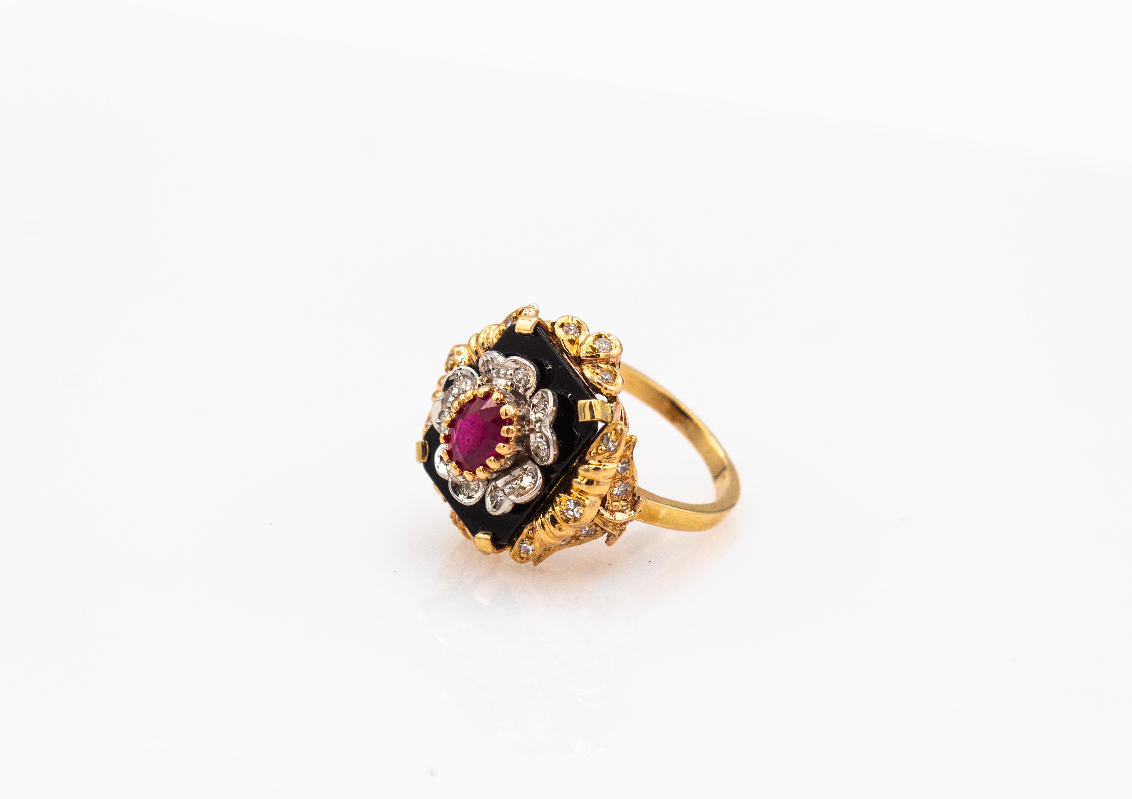 Art Deco Style White Diamond Oval Cut Ruby Onyx Yellow Gold Cocktail Ring 7