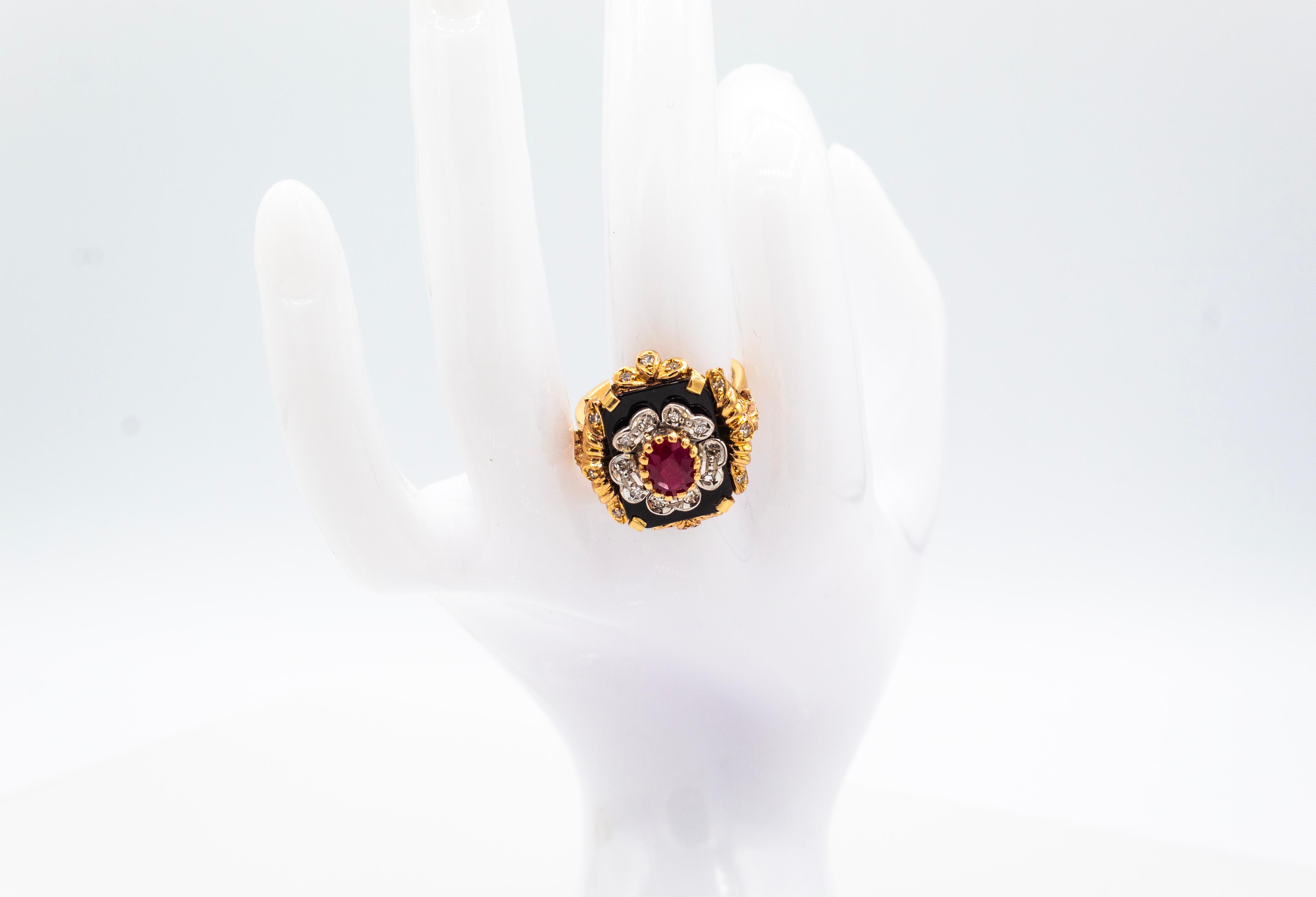 Art Deco Style White Diamond Oval Cut Ruby Onyx Yellow Gold Cocktail Ring For Sale 8