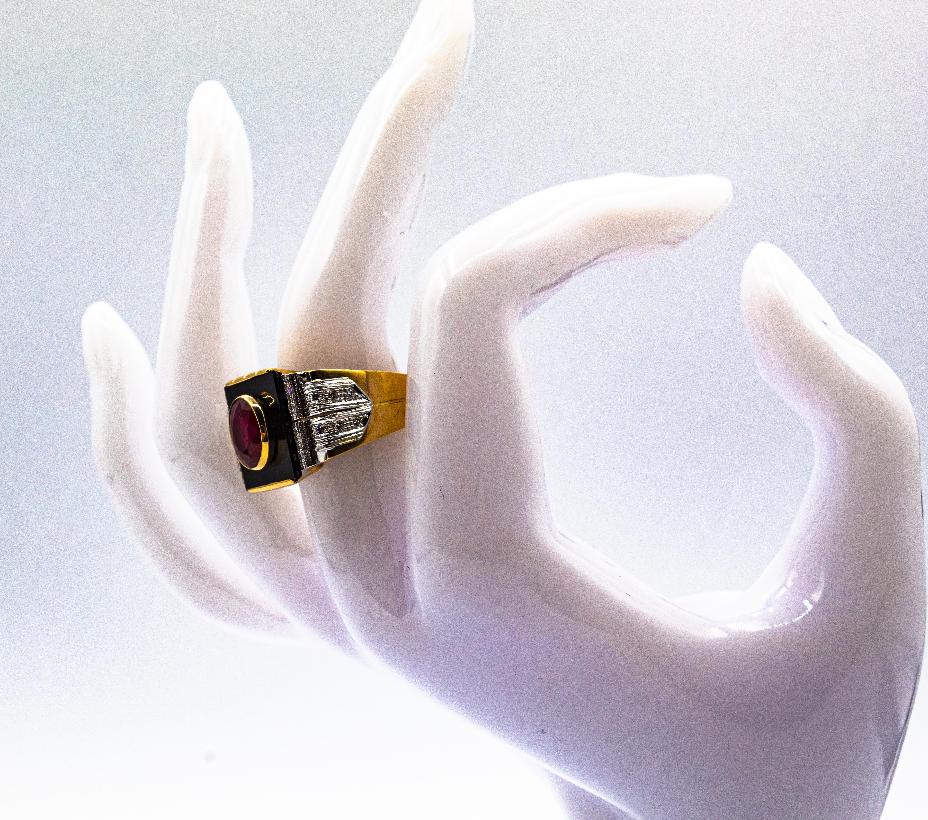 Art Deco Style White Diamond Oval Cut Ruby Onyx Yellow Gold Cocktail Ring For Sale 6