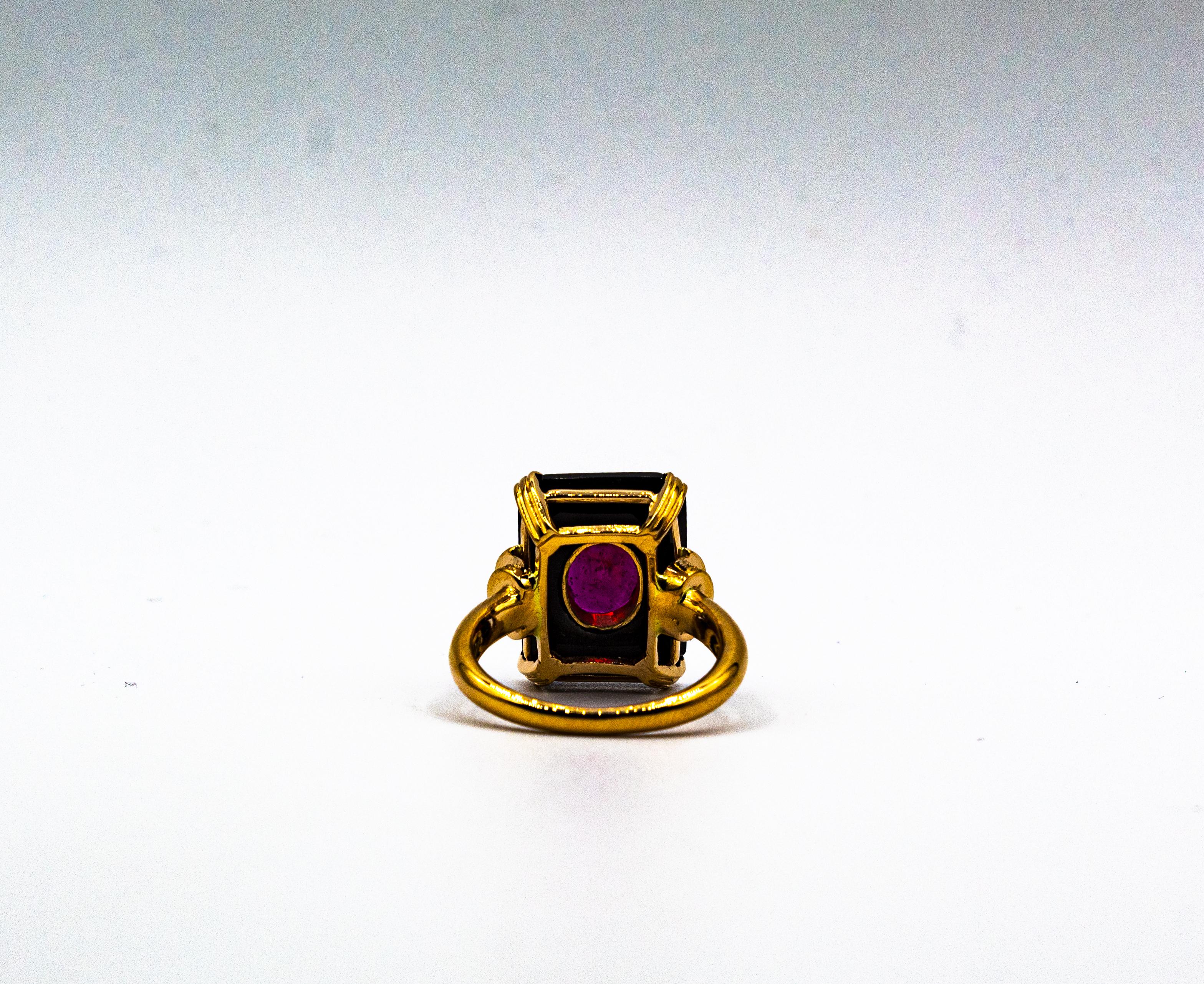 Art Deco Style White Diamond Oval Cut Ruby Onyx Yellow Gold Cocktail Ring For Sale 6