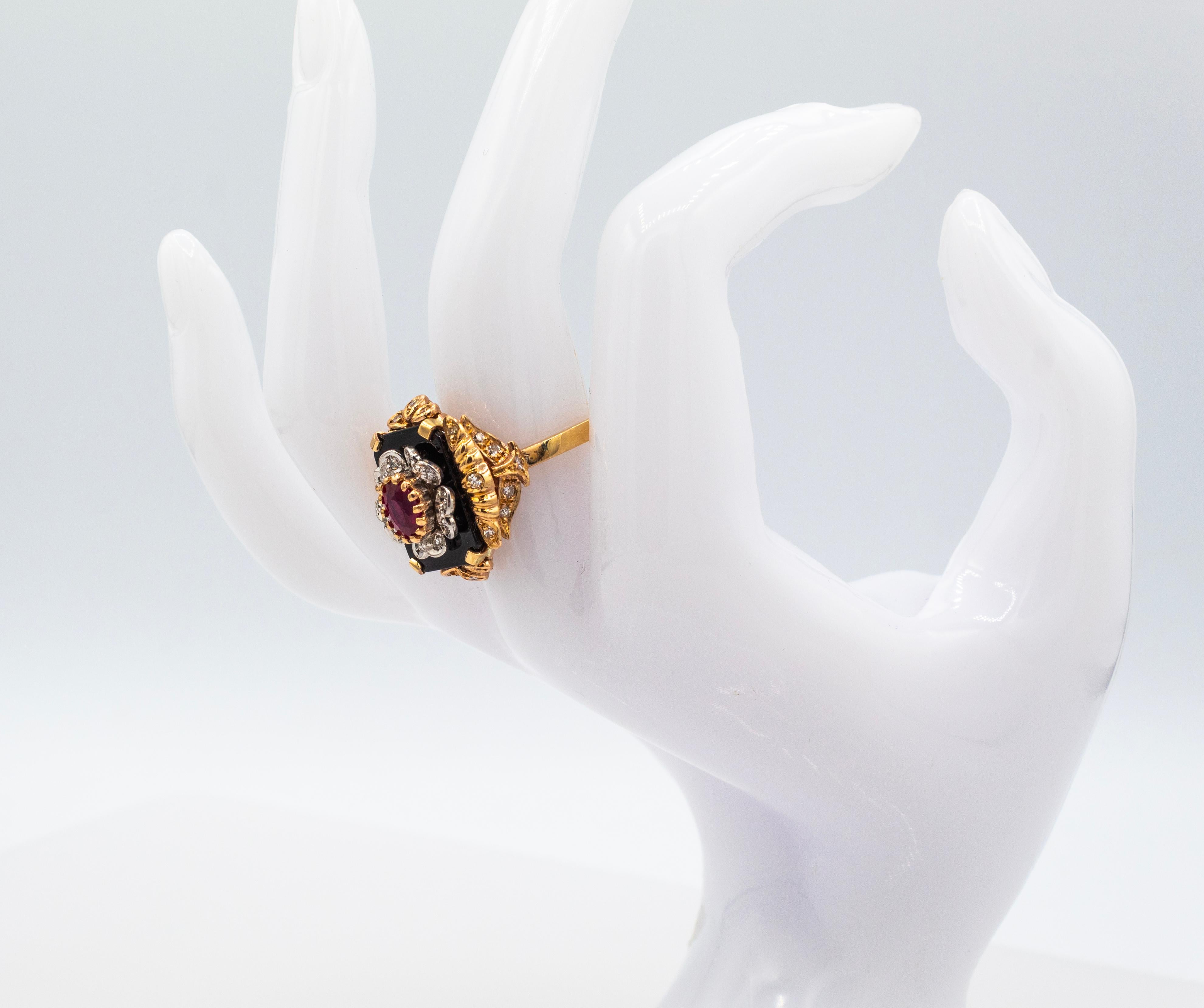 Art Deco Style White Diamond Oval Cut Ruby Onyx Yellow Gold Cocktail Ring 9
