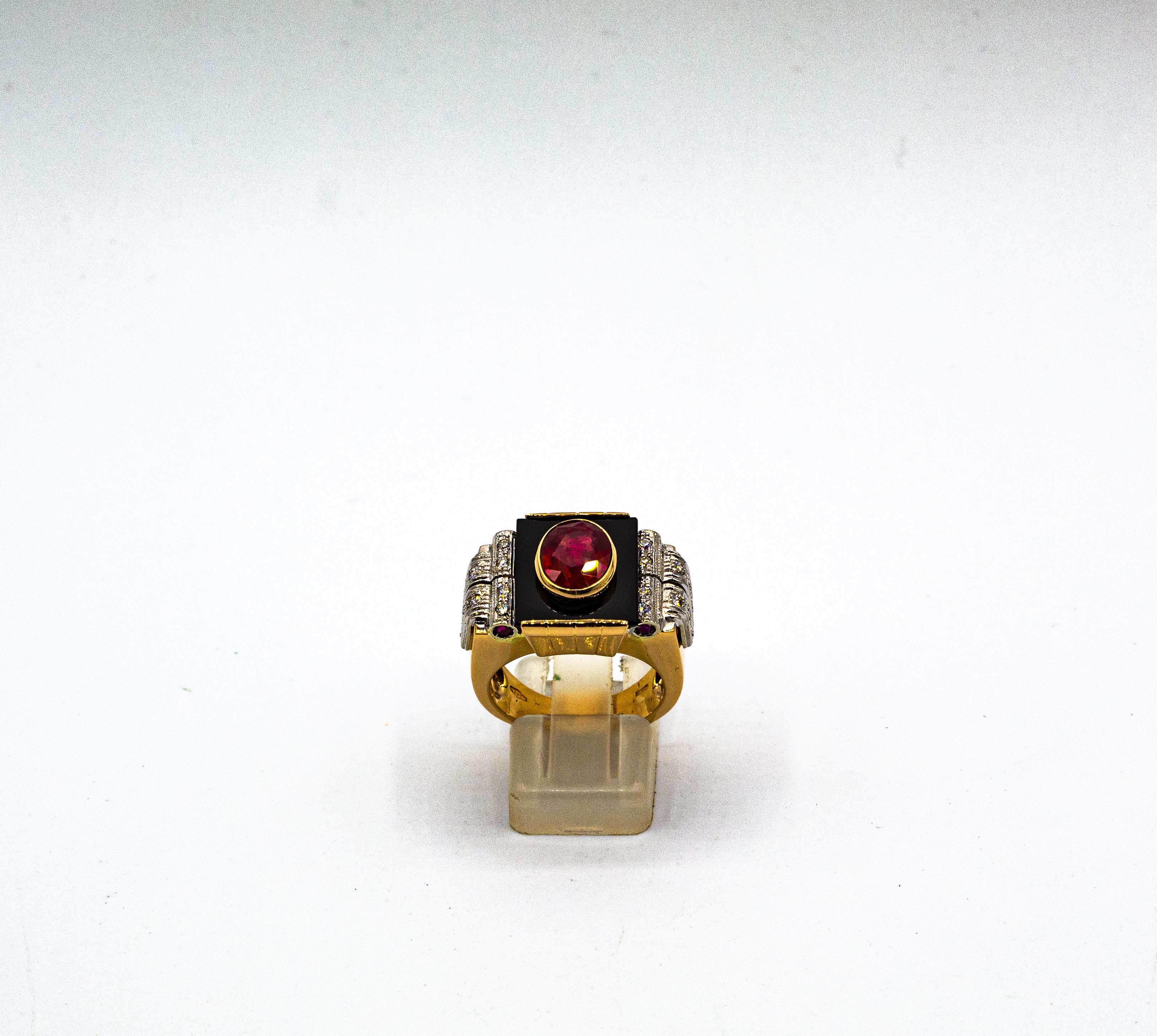 This Ring is made of 14K Yellow Gold and White Gold.
This Ring has 0.30 Carats of White Modern Round Cut Diamonds.
This Ring has a 2.30 Carats Natural Treated Oval Cut Ruby.
This Ring has also 0.20 Carats of Rubies.
This Ring has also Onyx.

Size