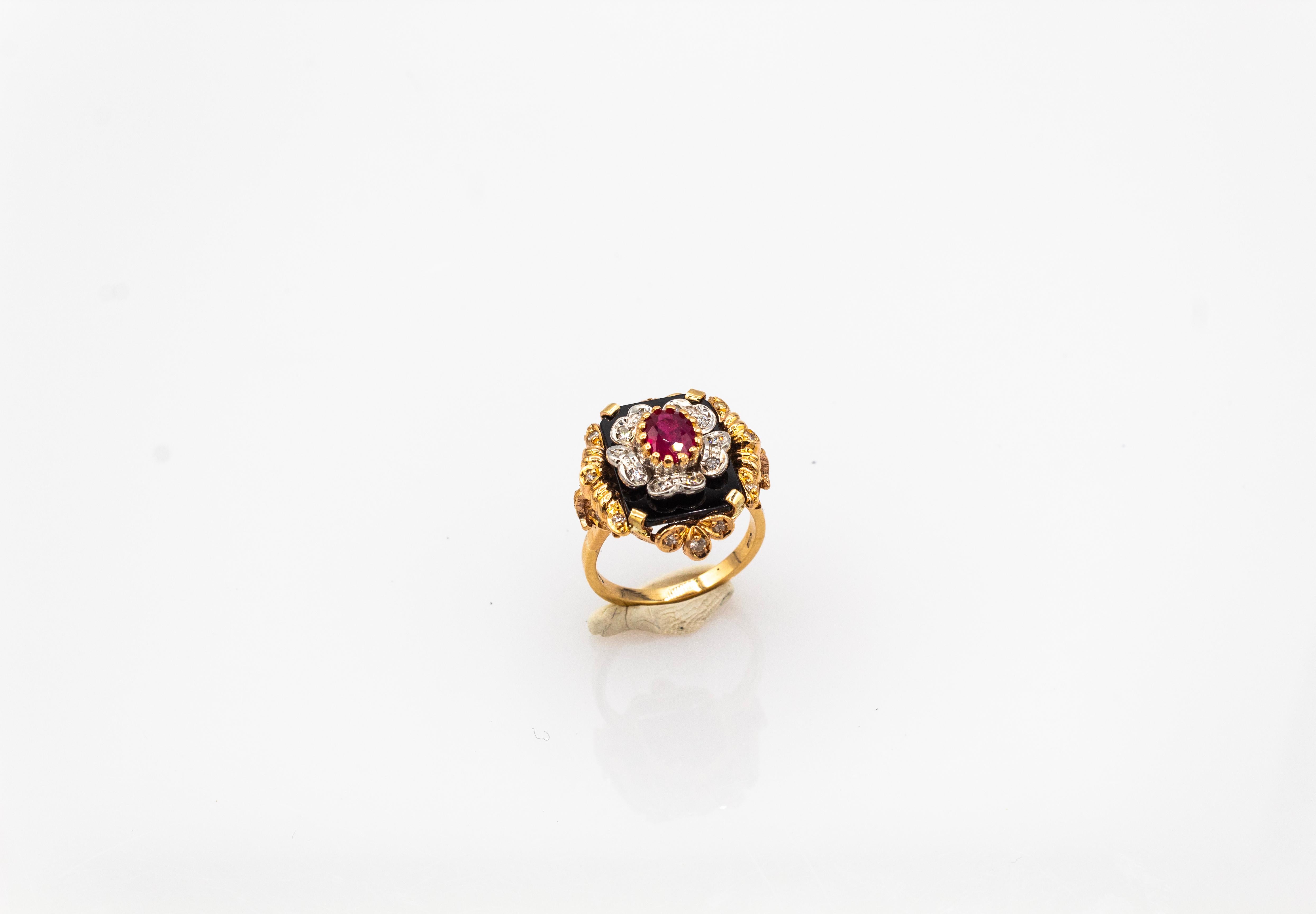 Round Cut Art Deco Style White Diamond Oval Cut Ruby Onyx Yellow Gold Cocktail Ring