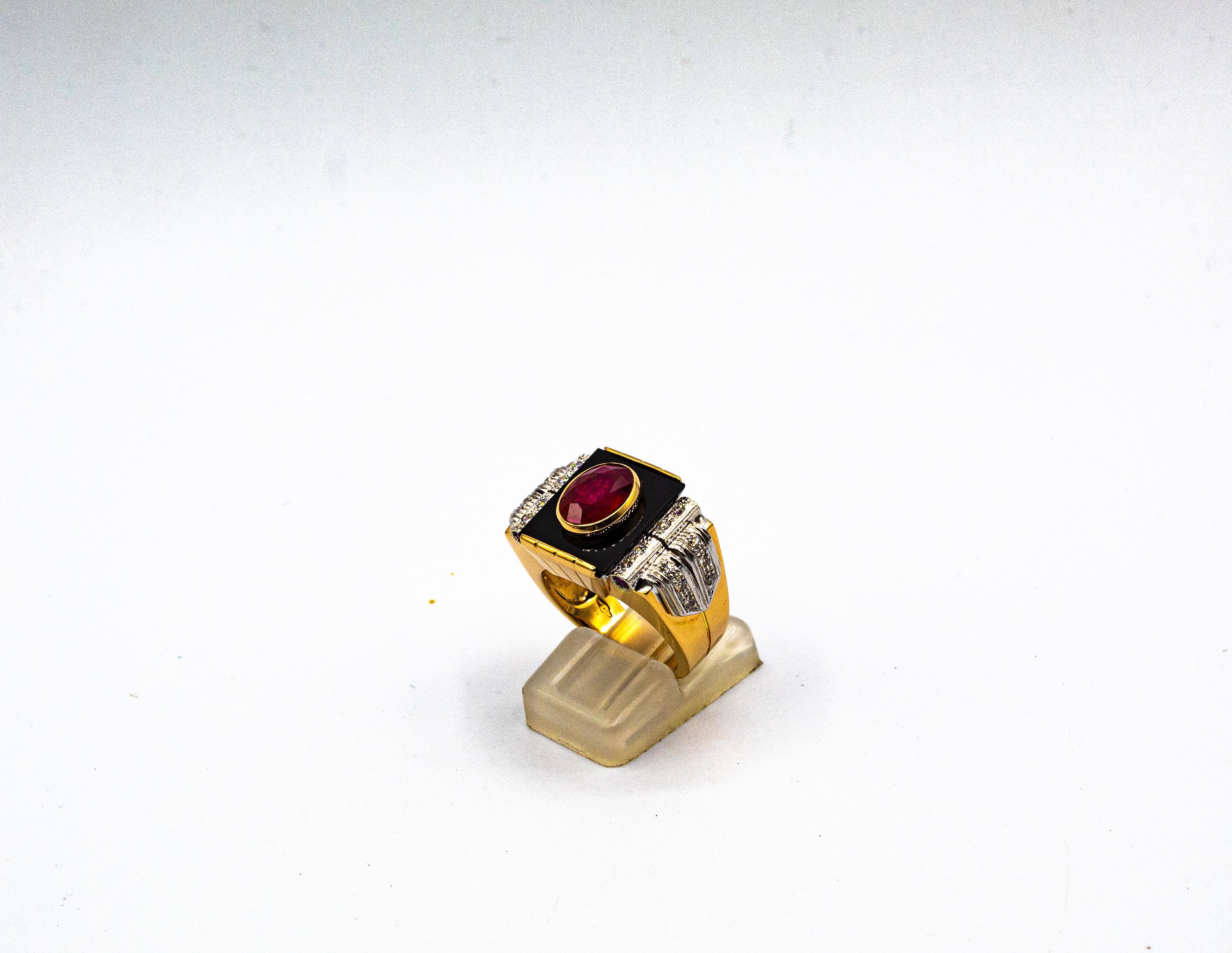 Brilliant Cut Art Deco Style White Diamond Oval Cut Ruby Onyx Yellow Gold Cocktail Ring For Sale