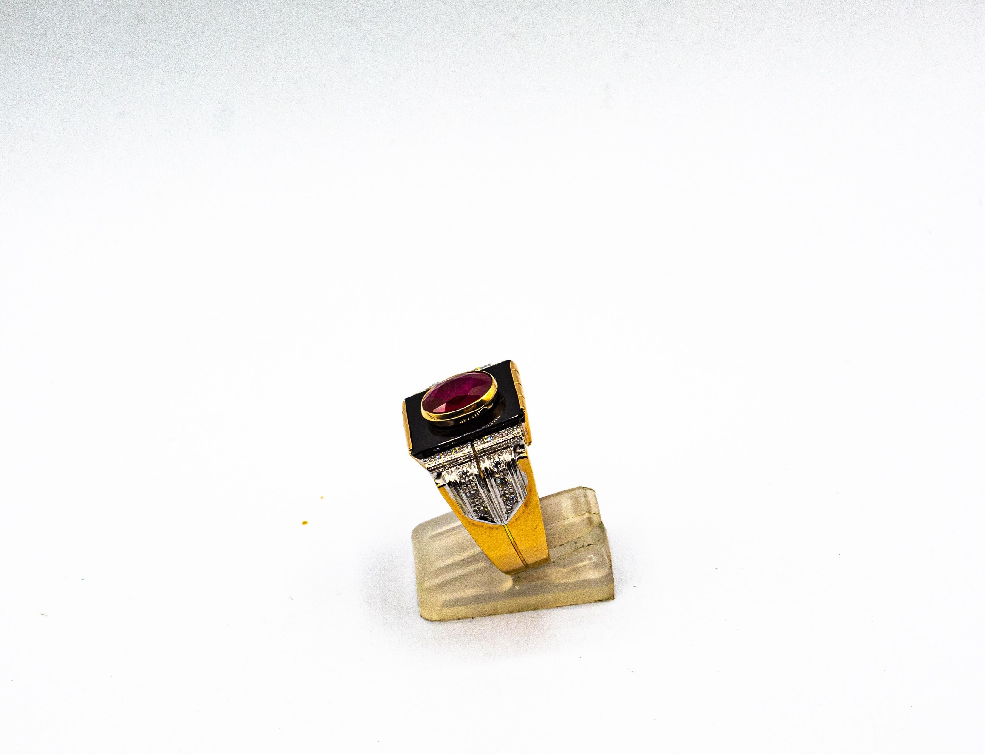 Art Deco Style White Diamond Oval Cut Ruby Onyx Yellow Gold Cocktail Ring In New Condition For Sale In Naples, IT