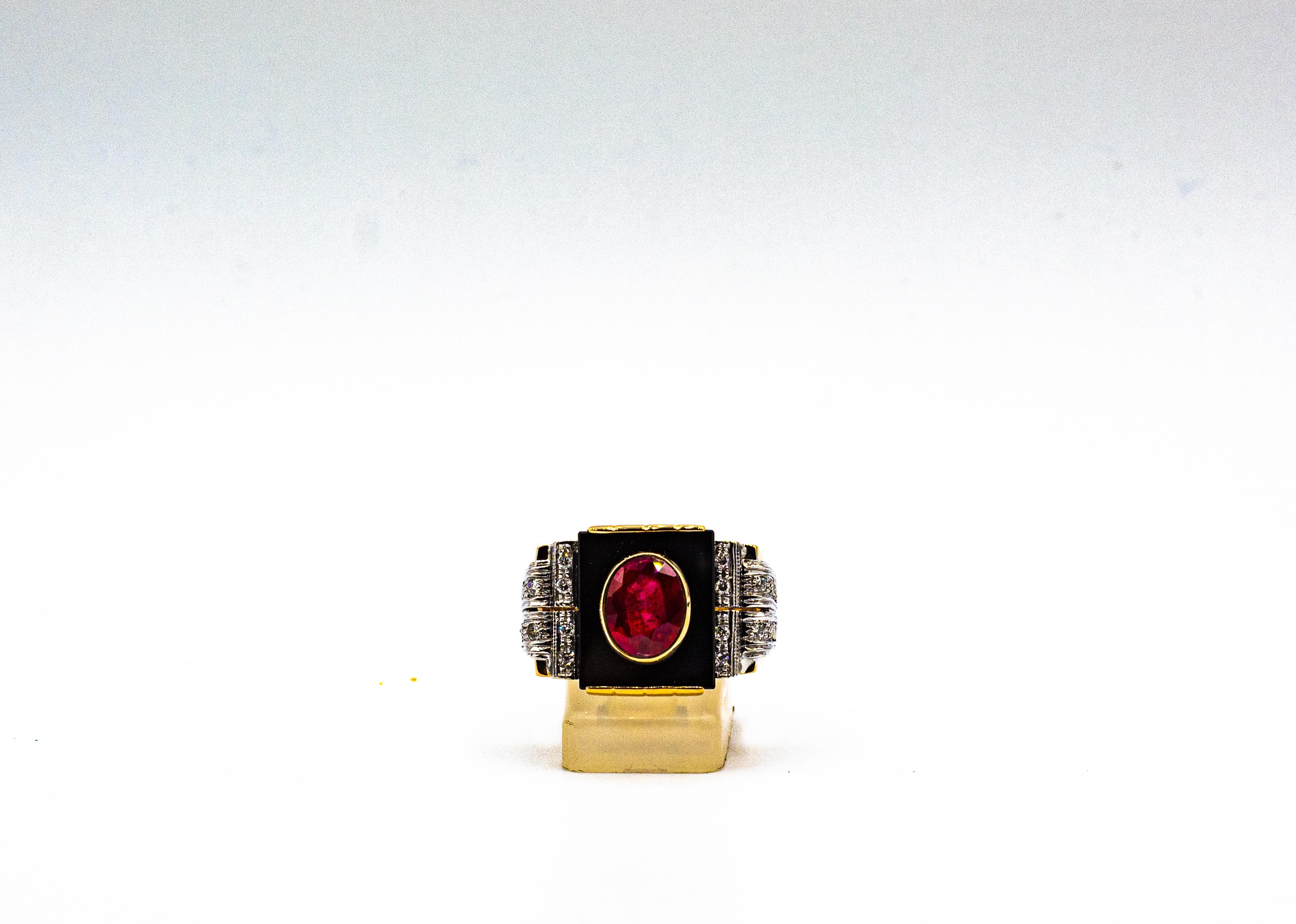 Brilliant Cut Art Deco Style White Diamond Oval Cut Ruby Onyx Yellow Gold Cocktail Ring For Sale