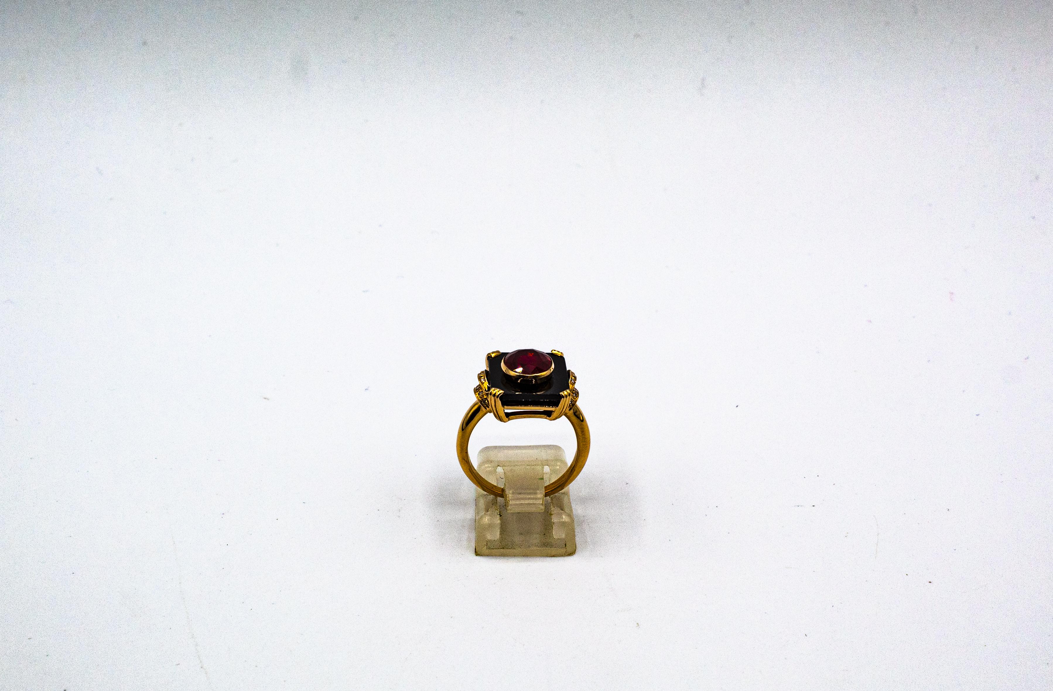 Cabochon Art Deco Style White Diamond Oval Cut Ruby Onyx Yellow Gold Cocktail Ring For Sale