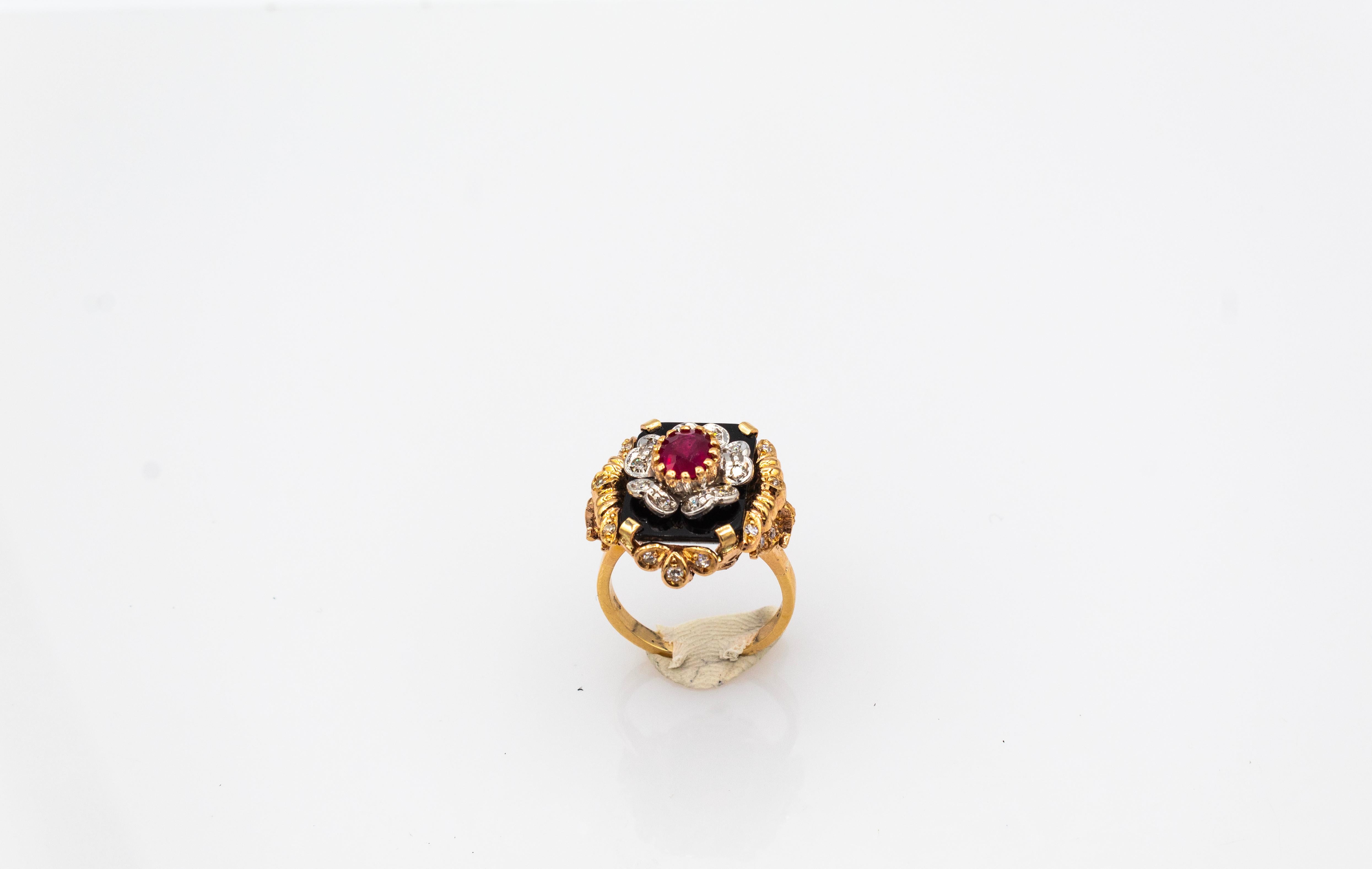 Art Deco Style White Diamond Oval Cut Ruby Onyx Yellow Gold Cocktail Ring 1
