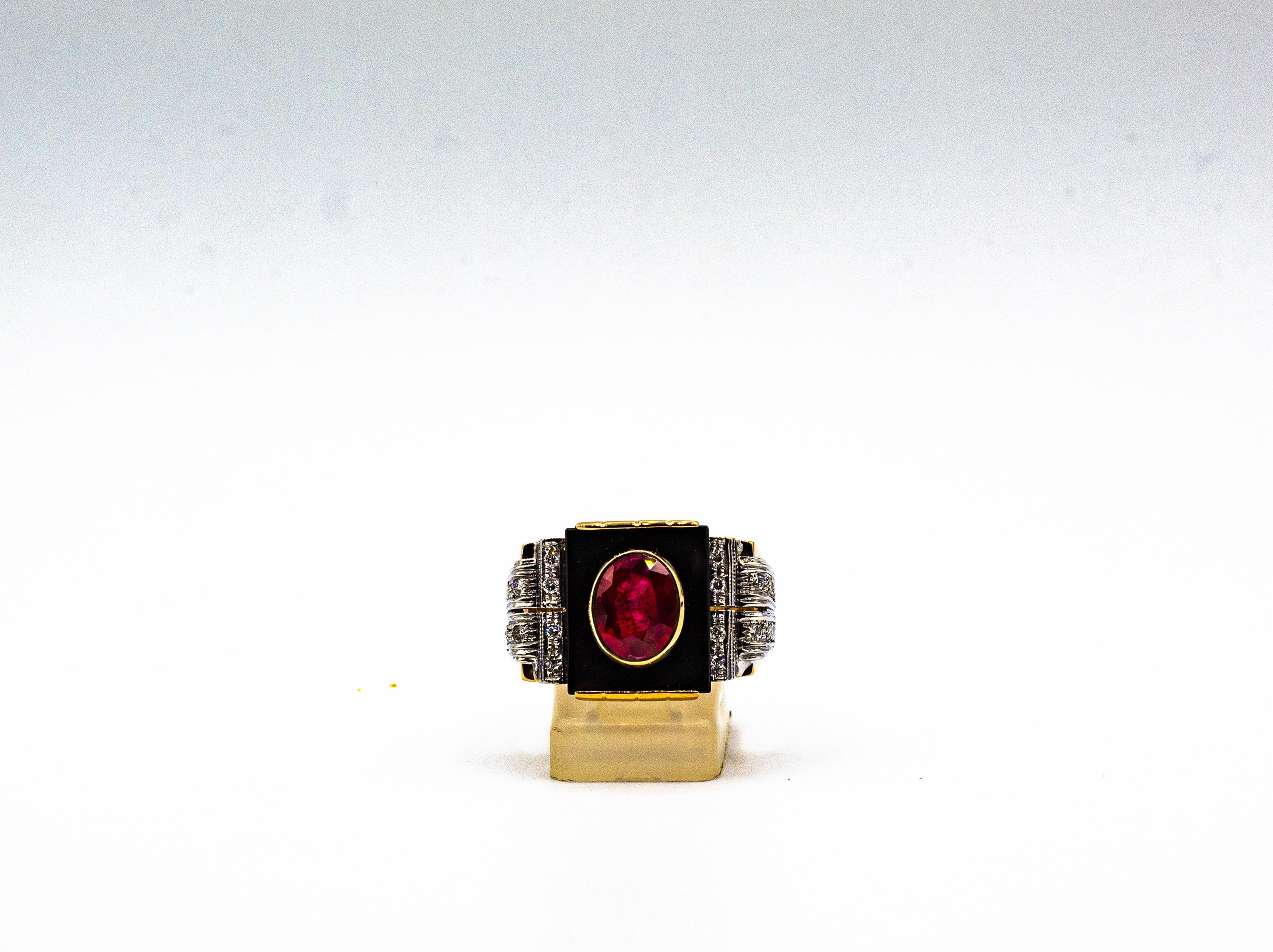Art Deco Style White Diamond Oval Cut Ruby Onyx Yellow Gold Cocktail Ring In New Condition For Sale In Naples, IT