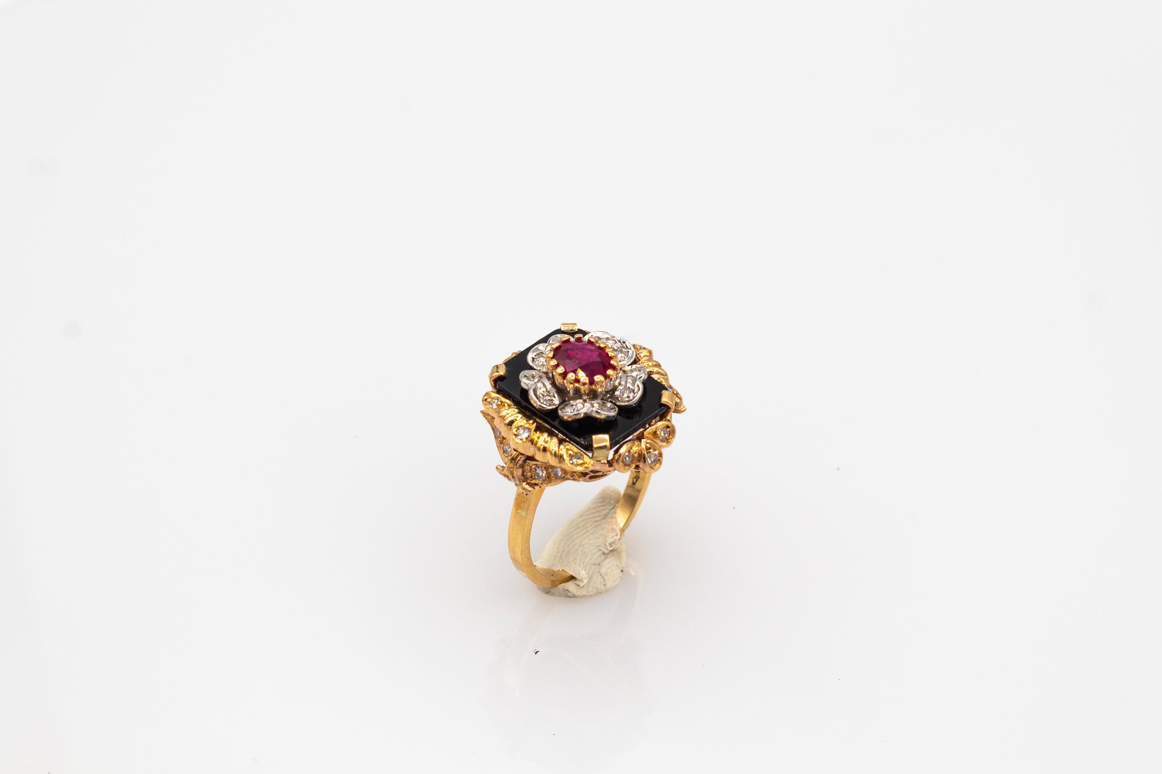 Art Deco Style White Diamond Oval Cut Ruby Onyx Yellow Gold Cocktail Ring For Sale 2