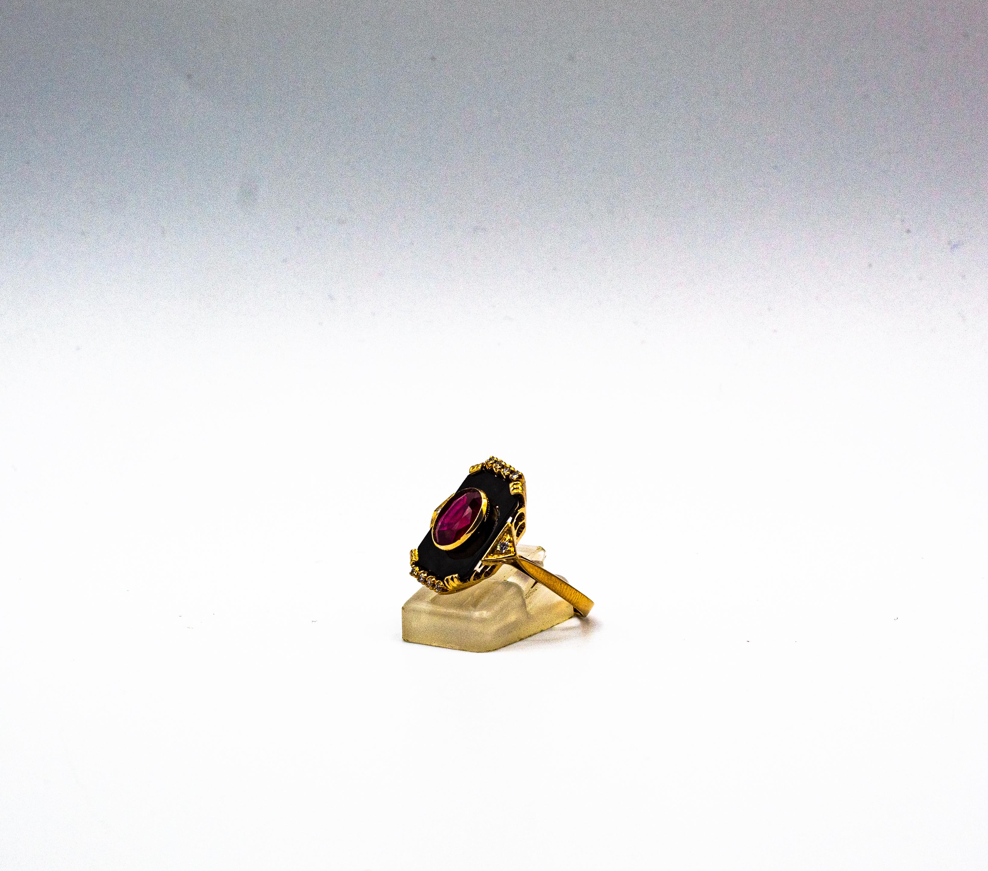 Art Deco Style White Diamond Oval Cut Ruby Onyx Yellow Gold Cocktail Ring 3