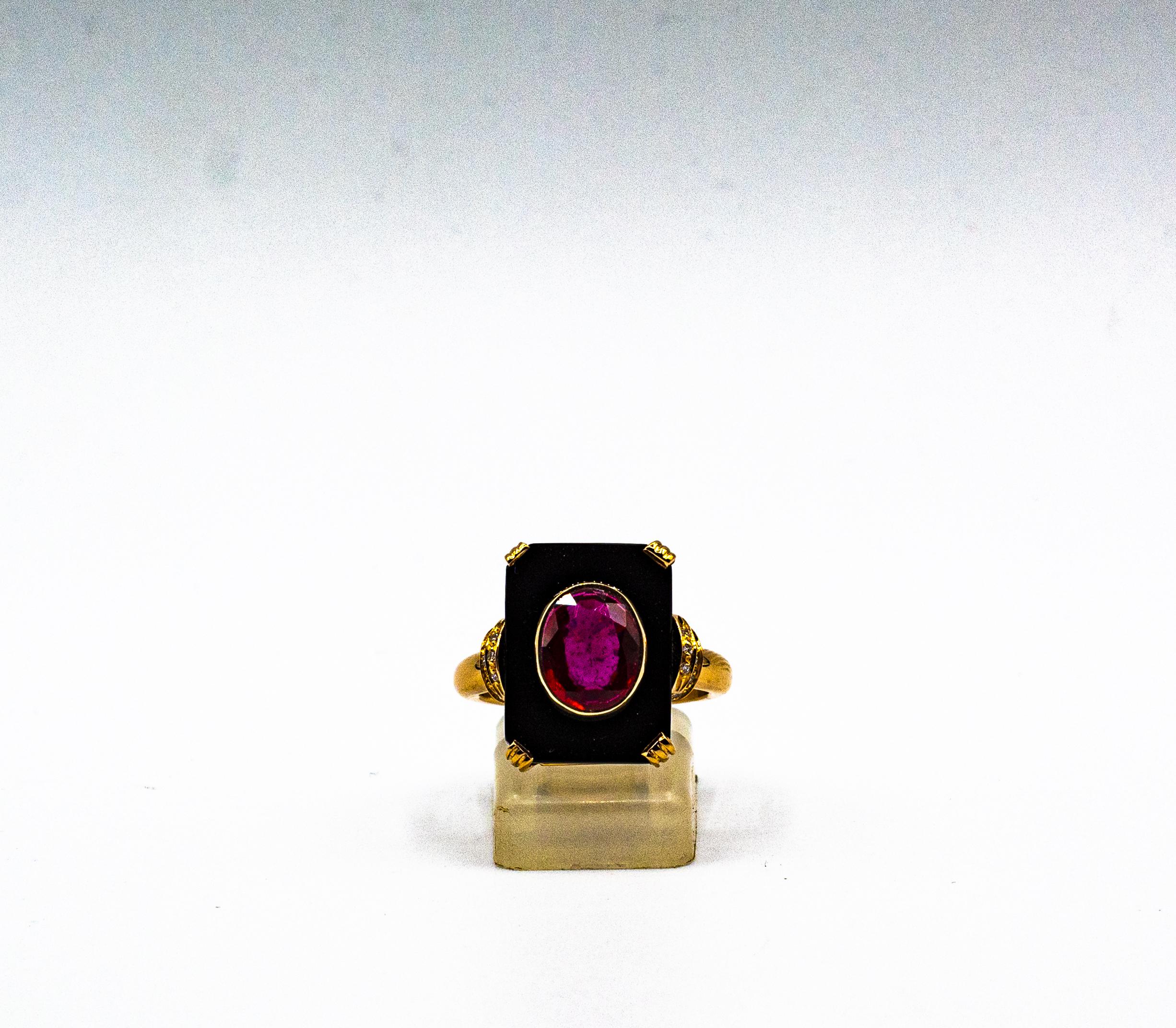 Women's or Men's Art Deco Style White Diamond Oval Cut Ruby Onyx Yellow Gold Cocktail Ring For Sale