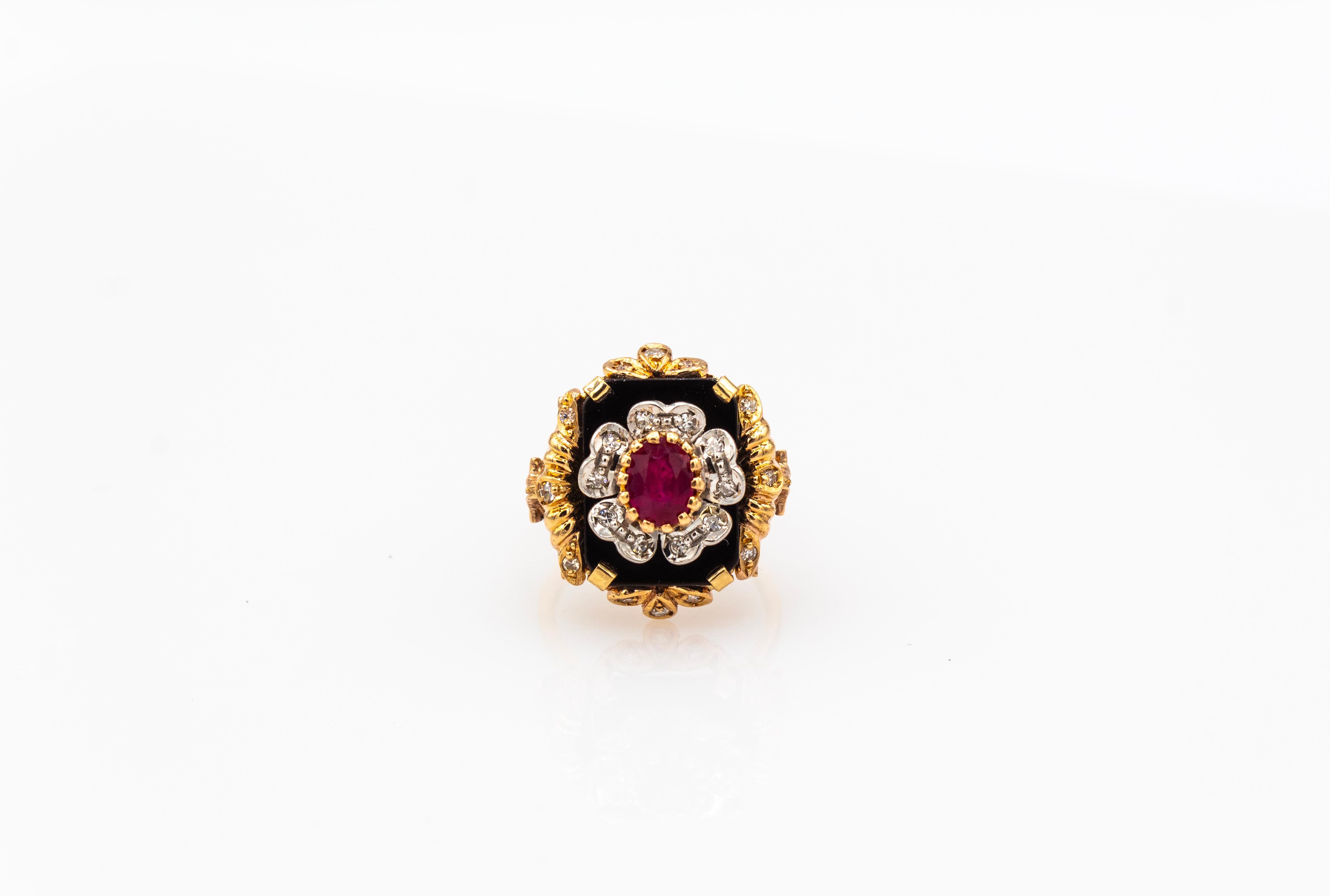 Art Deco Style White Diamond Oval Cut Ruby Onyx Yellow Gold Cocktail Ring For Sale 3