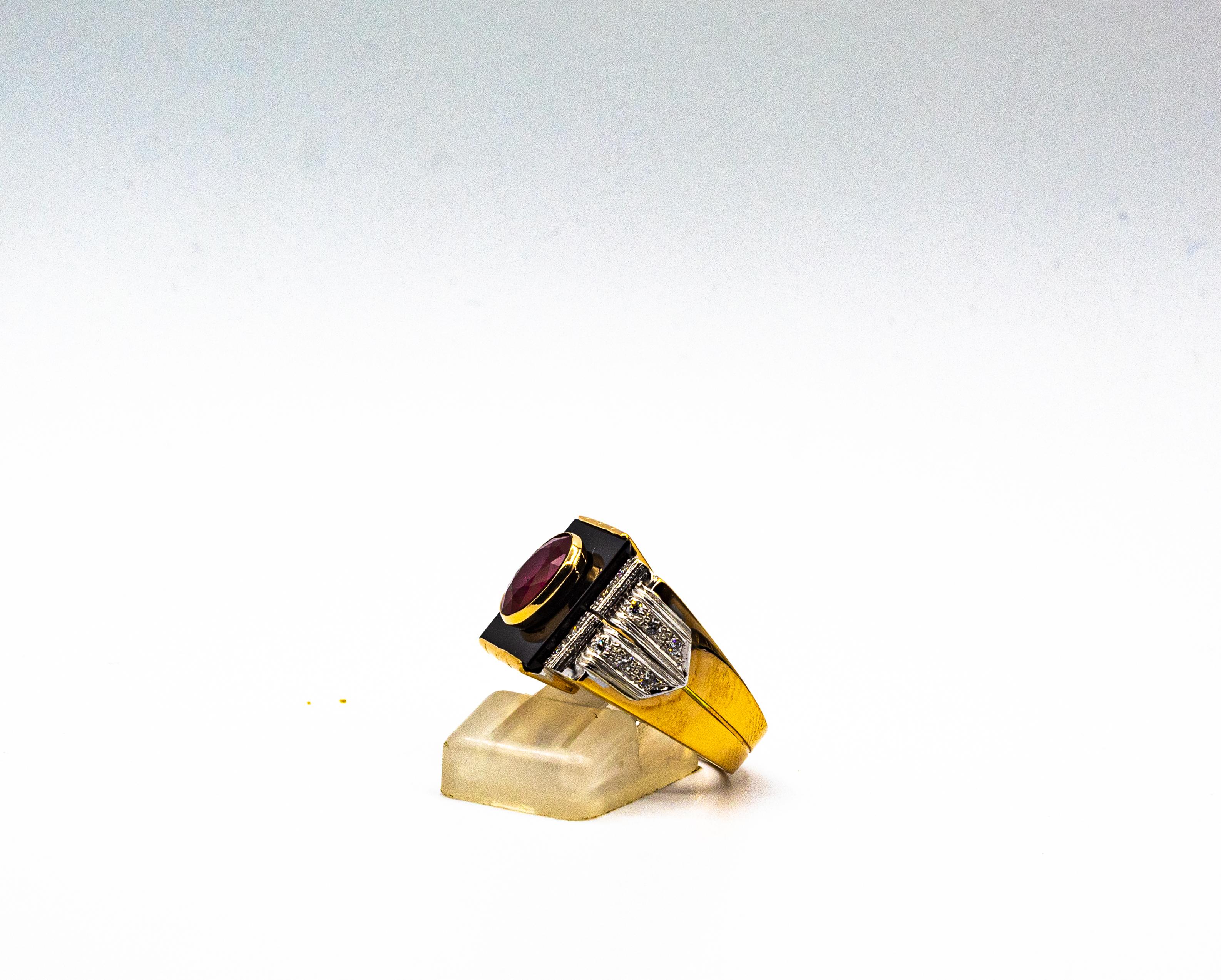 Art Deco Style White Diamond Oval Cut Ruby Onyx Yellow Gold Cocktail Ring For Sale 3
