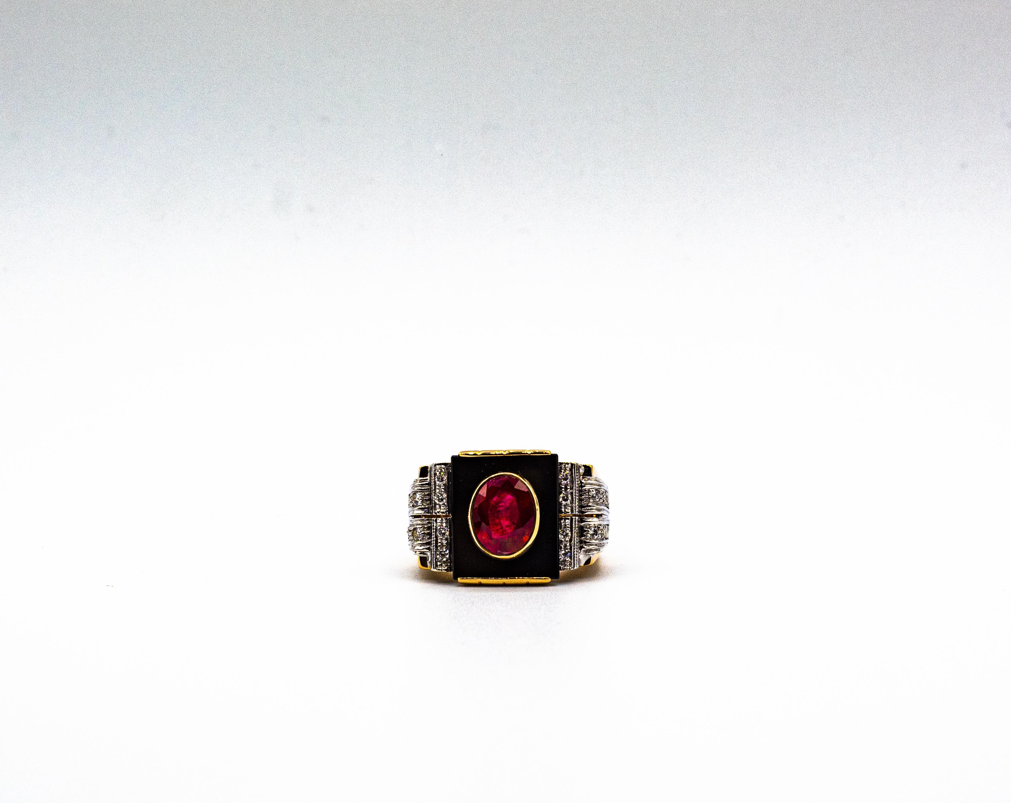Art Deco Style White Diamond Oval Cut Ruby Onyx Yellow Gold Cocktail Ring For Sale 1