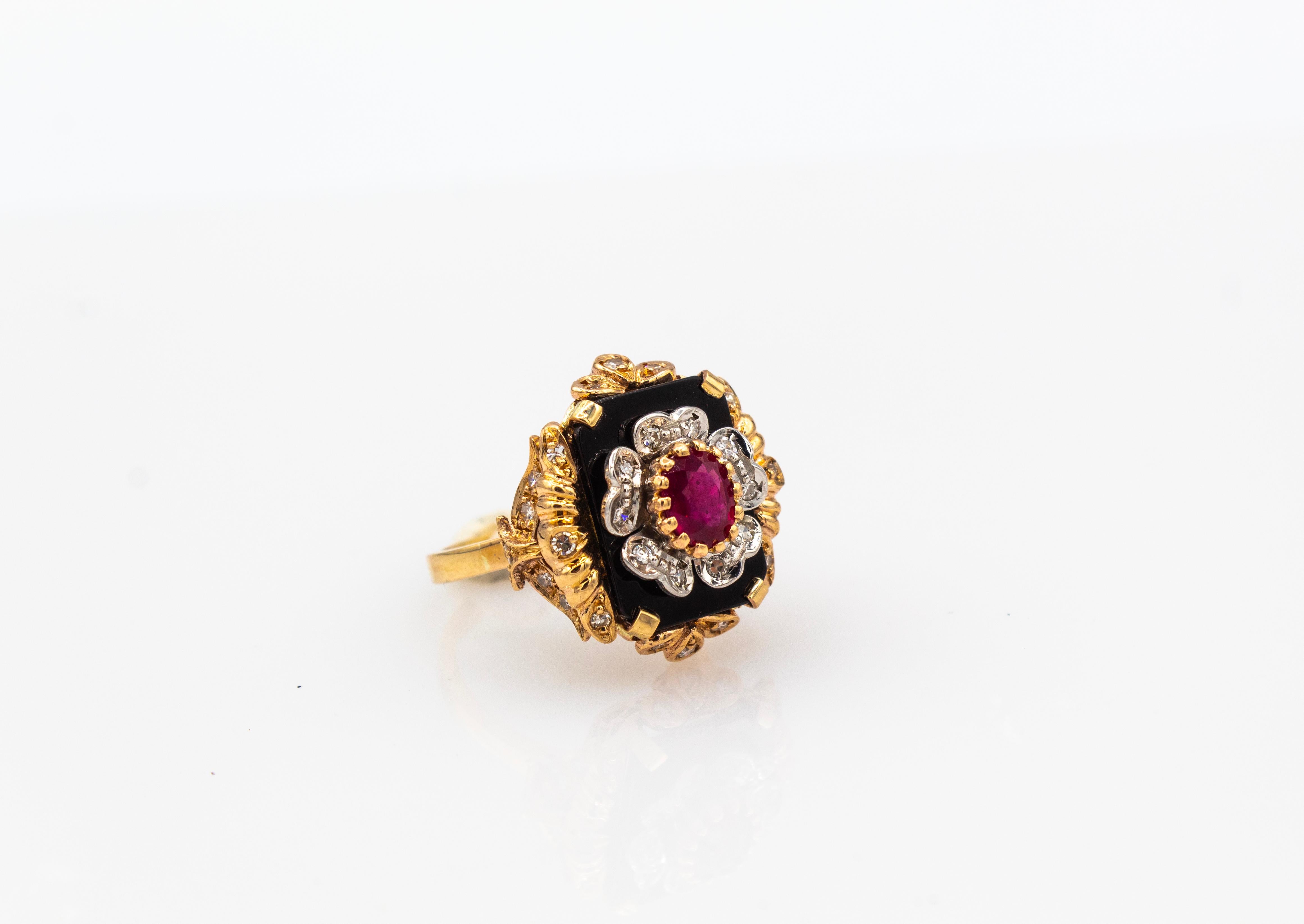 Art Deco Style White Diamond Oval Cut Ruby Onyx Yellow Gold Cocktail Ring For Sale 4