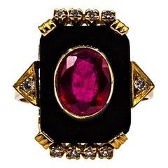 Art Deco Style White Diamond Oval Cut Ruby Onyx Yellow Gold Cocktail Ring