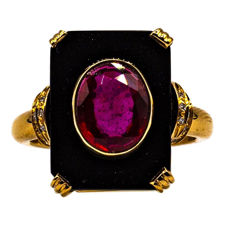 Art Deco Style White Diamond Oval Cut Ruby Onyx Yellow Gold Cocktail Ring For Sale