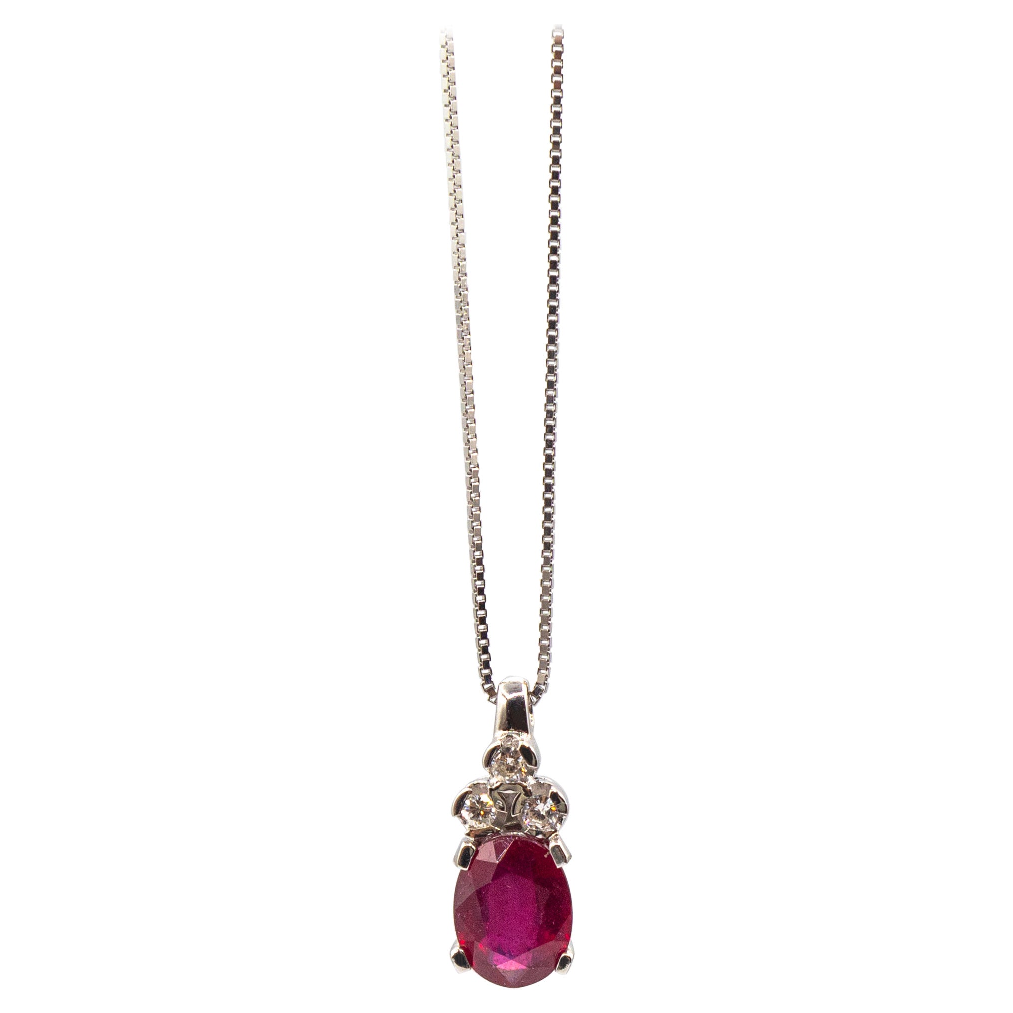 Art Deco Style White Diamond Oval Cut Ruby White Gold Pendant Necklace For Sale