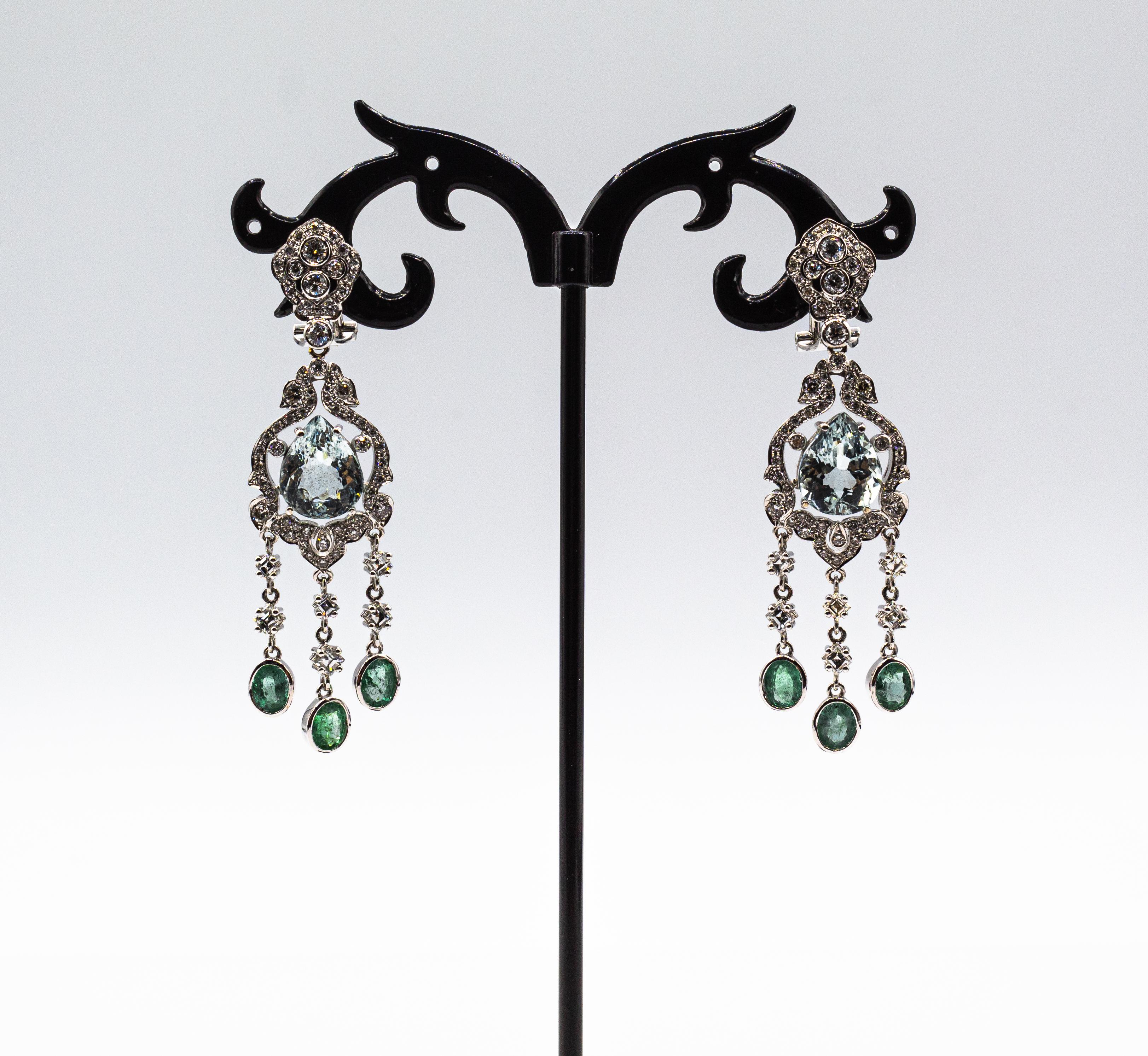 Art Deco Style White Diamond Pear Cut Aquamarine White Gold Clip-On Earrings In New Condition In Naples, IT