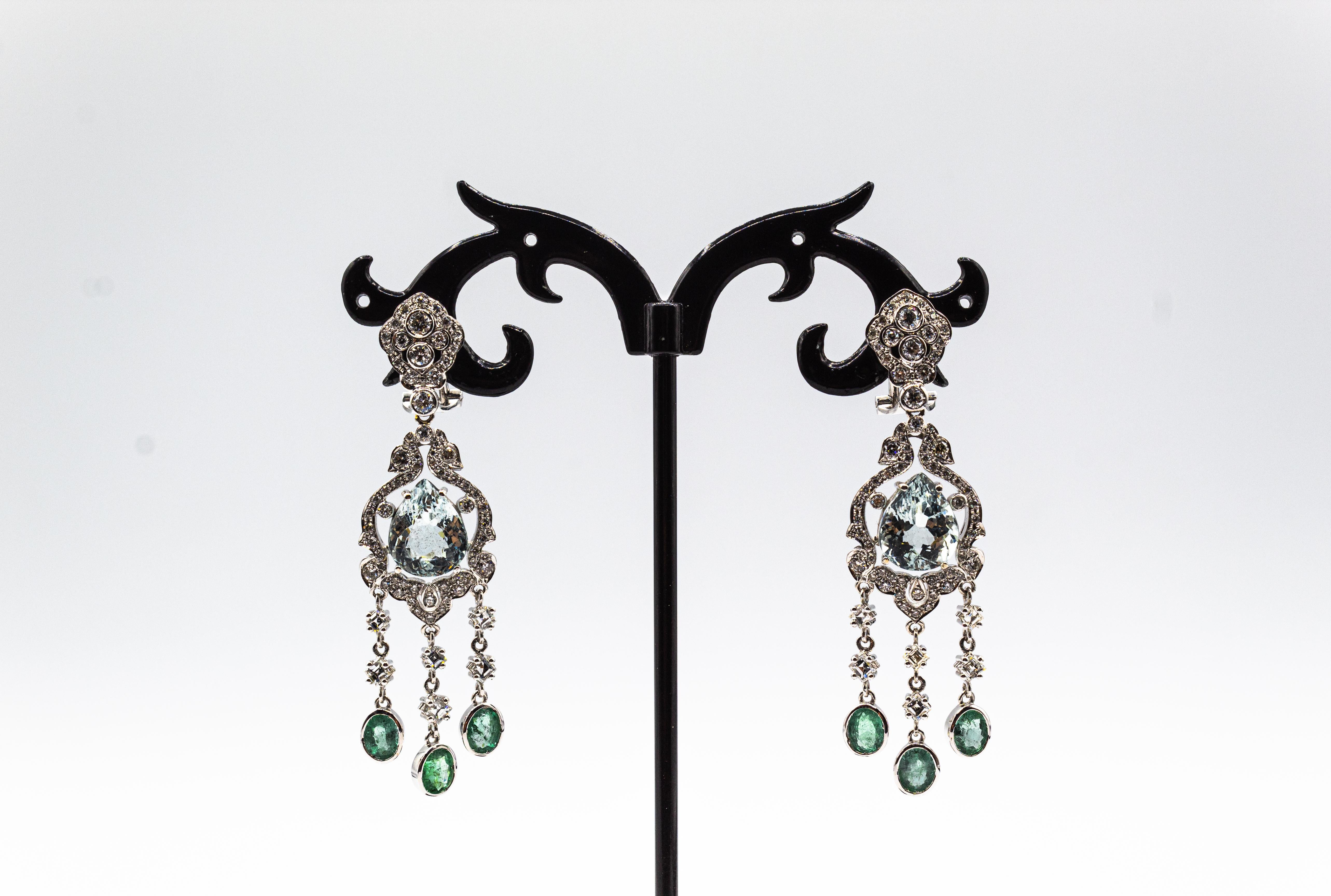 Women's or Men's Art Deco Style White Diamond Pear Cut Aquamarine White Gold Clip-On Earrings
