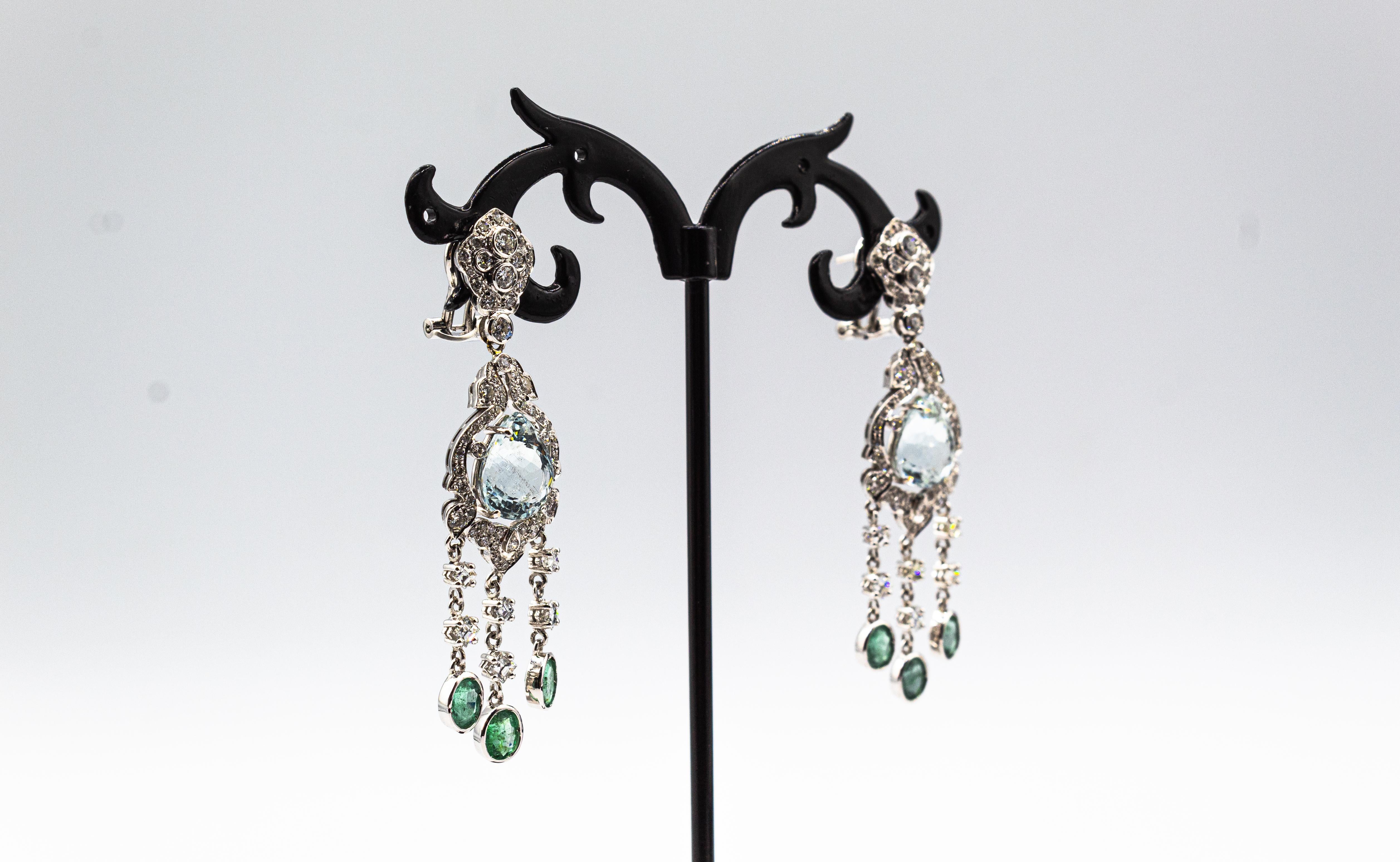 Art Deco Style White Diamond Pear Cut Aquamarine White Gold Clip-On Earrings 1