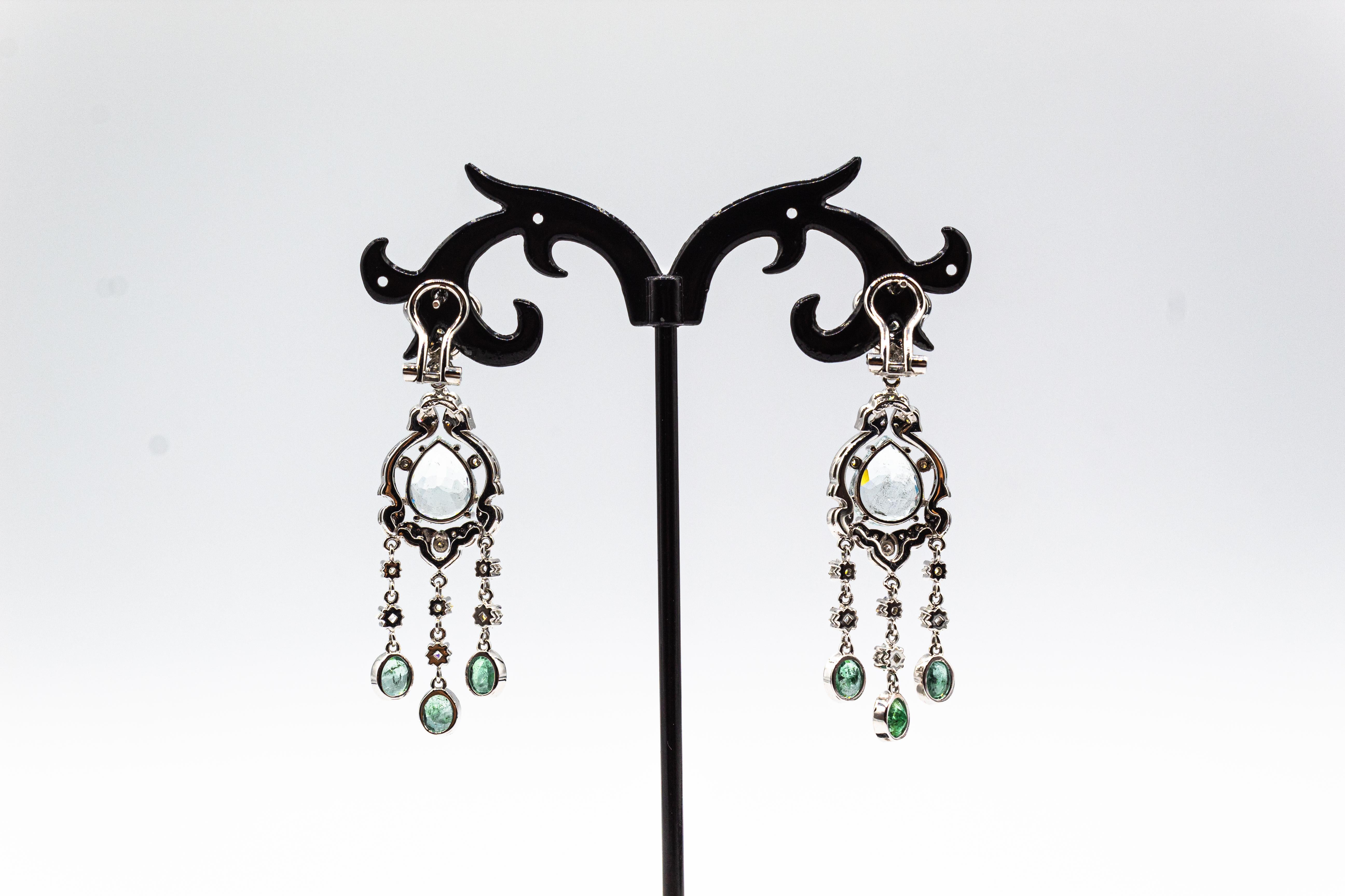 Art Deco Style White Diamond Pear Cut Aquamarine White Gold Clip-On Earrings 2