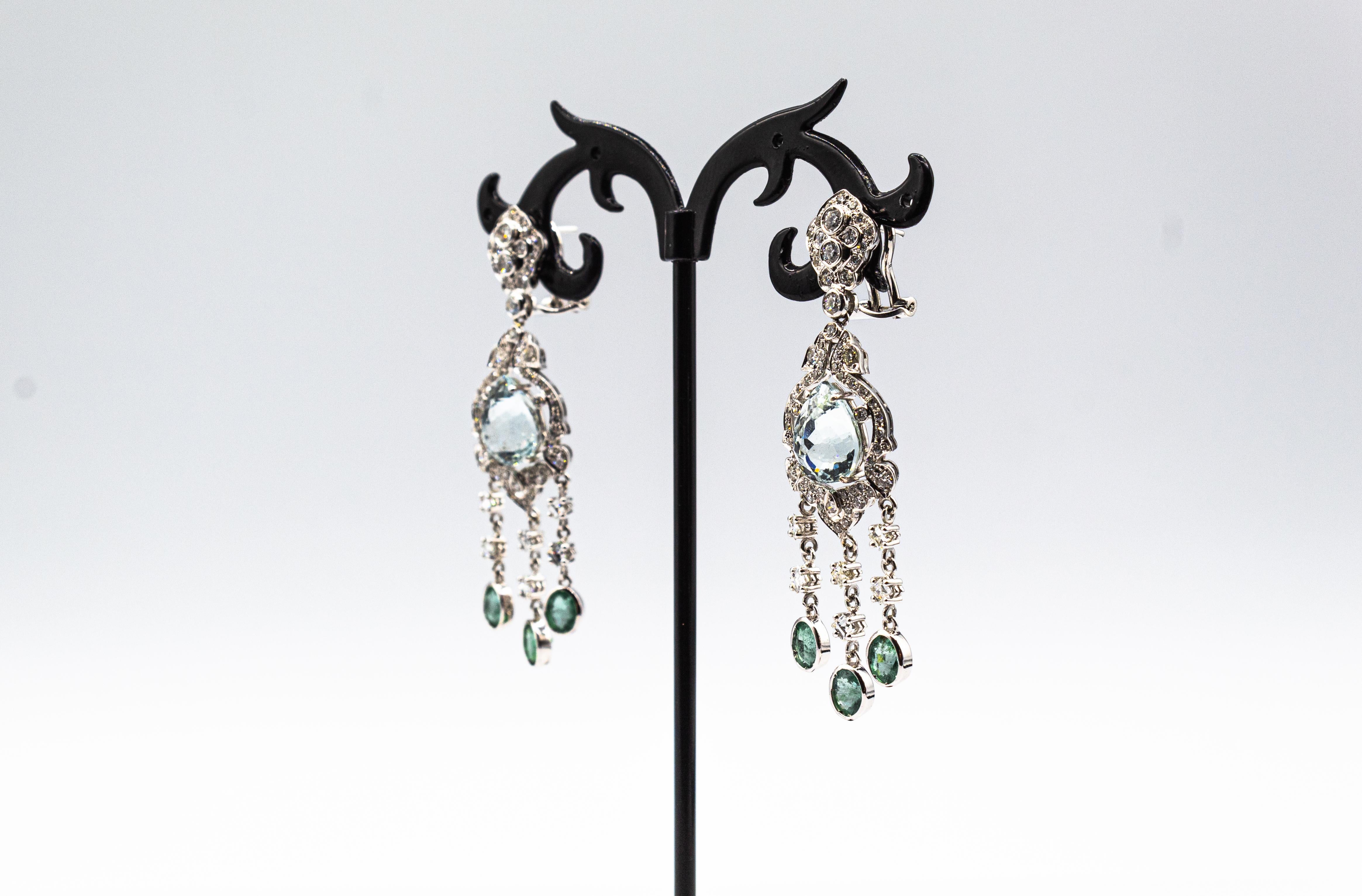 Boucles d'oreilles à clip en or blanc, style Art Déco, diamant blanc, aigue-marine taille poire en vente 1