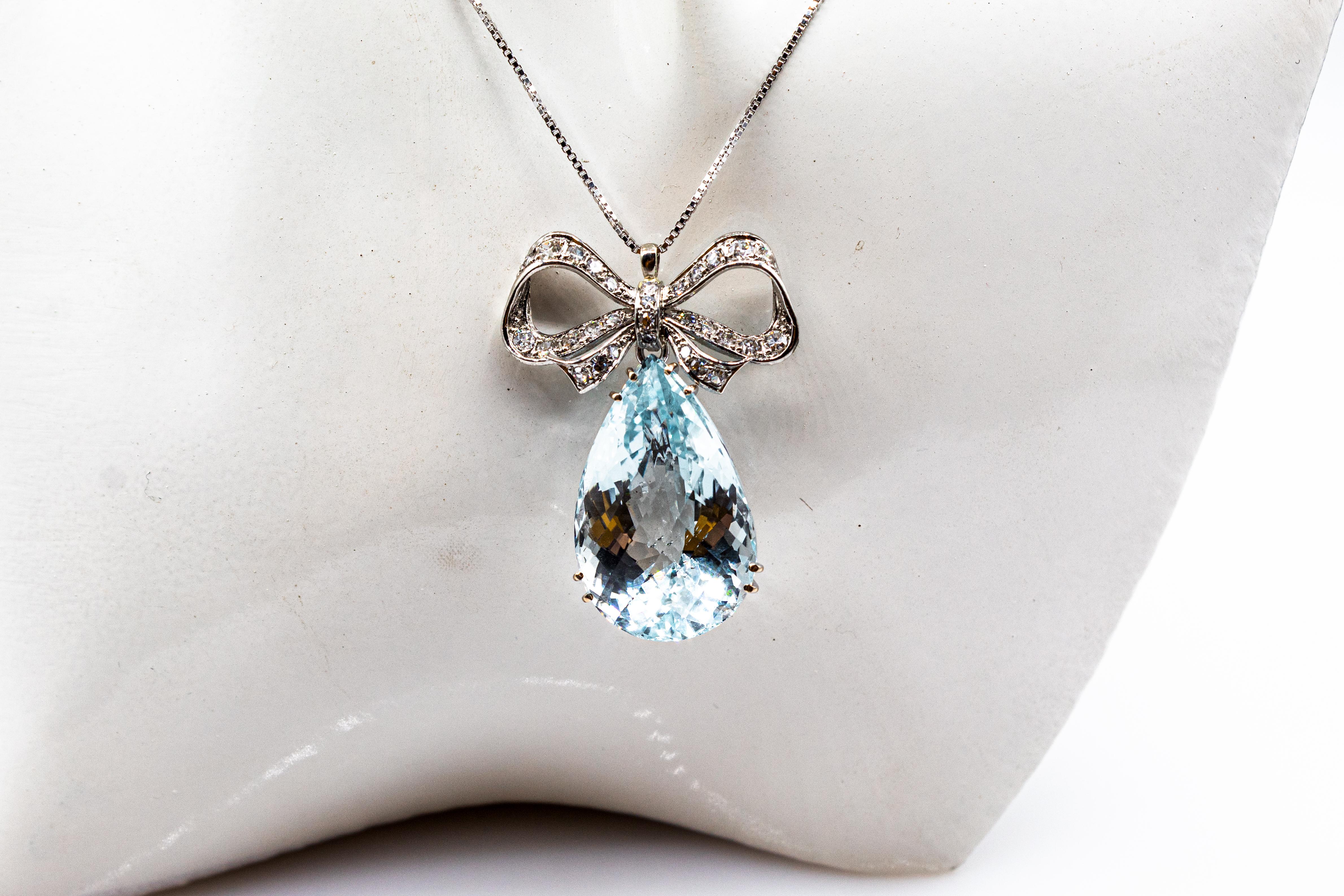 Art Deco Style White Diamond Pear Cut Blue Topaz White Gold Pendant Necklace 6