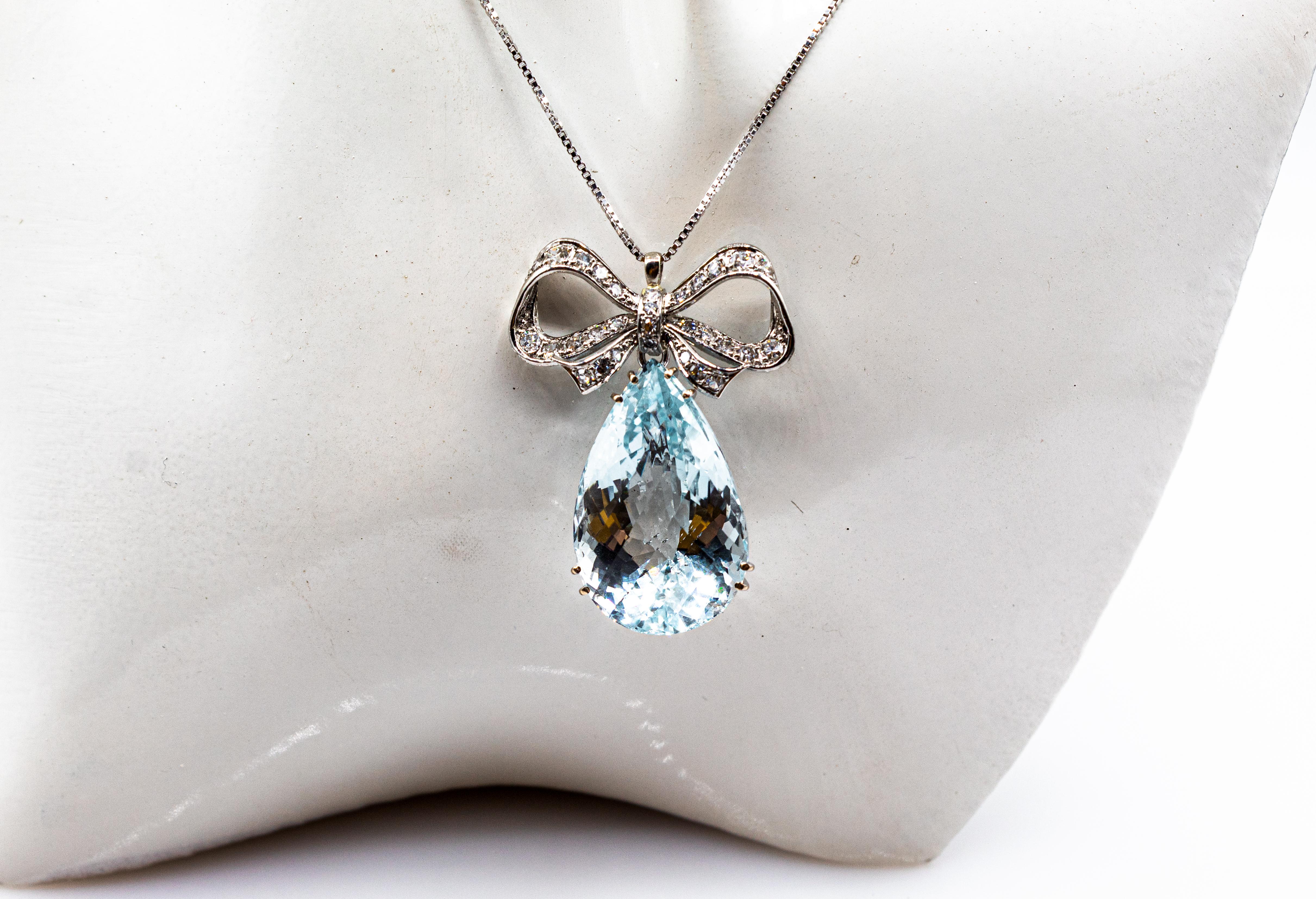 Art Deco Style White Diamond Pear Cut Blue Topaz White Gold Pendant Necklace 7
